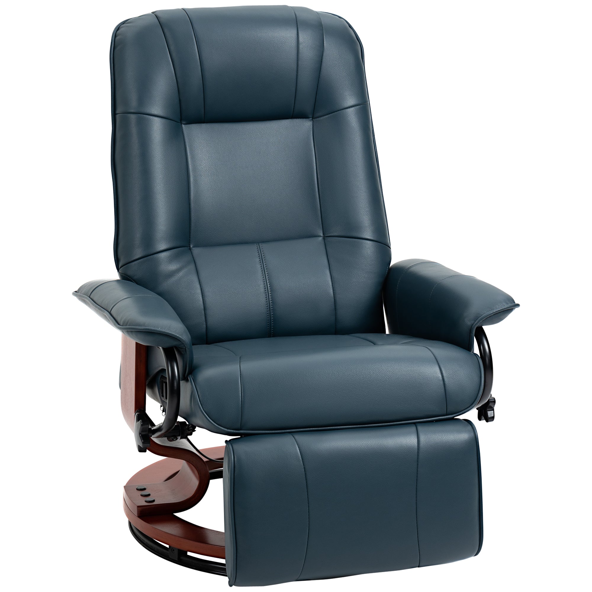 Faux Leather Recliner Chair, Swivel Recliner w/ Footrest, Armrest & Wood Base, Blue