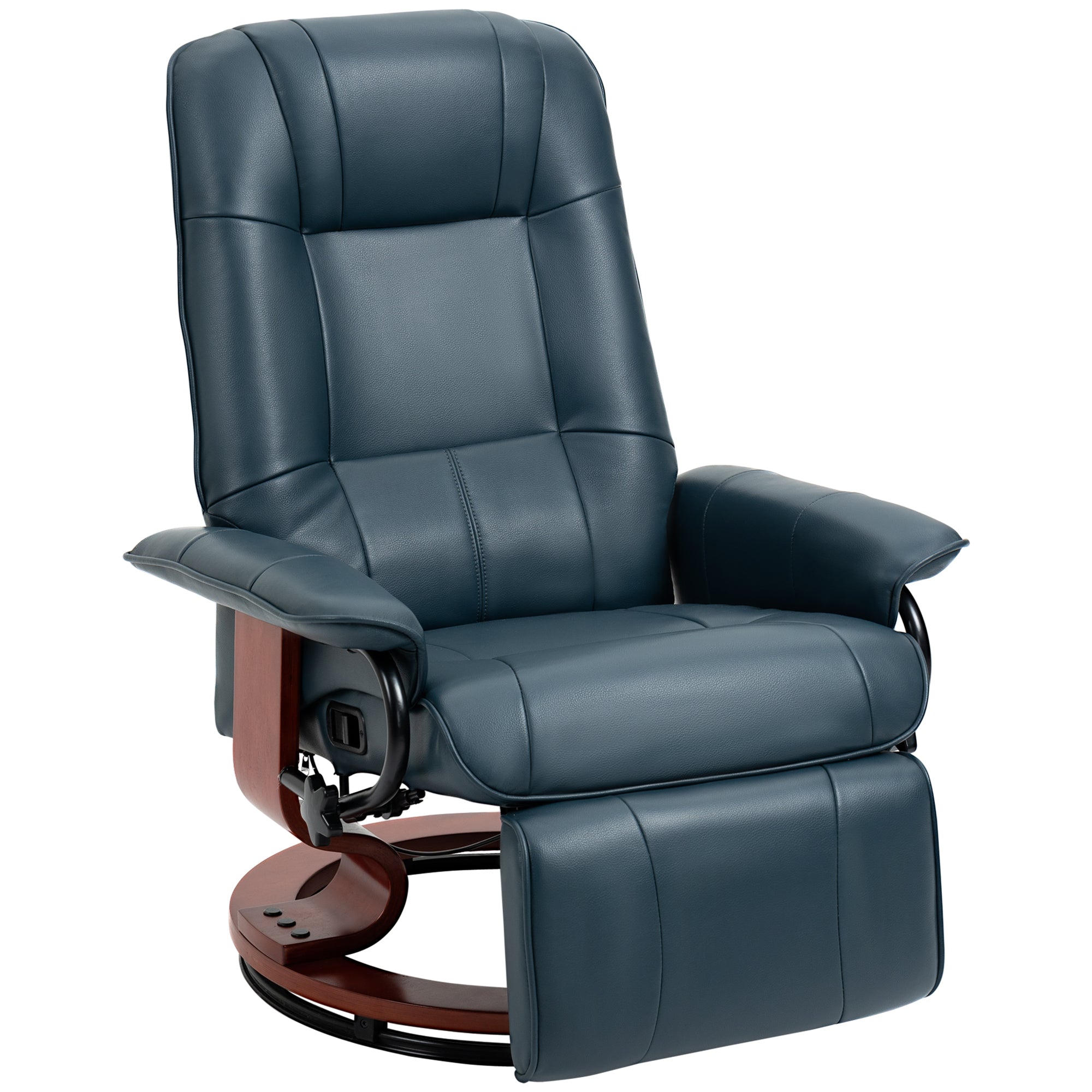 Faux Leather Recliner Chair, Swivel Recliner w/ Footrest, Armrest & Wood Base, Blue