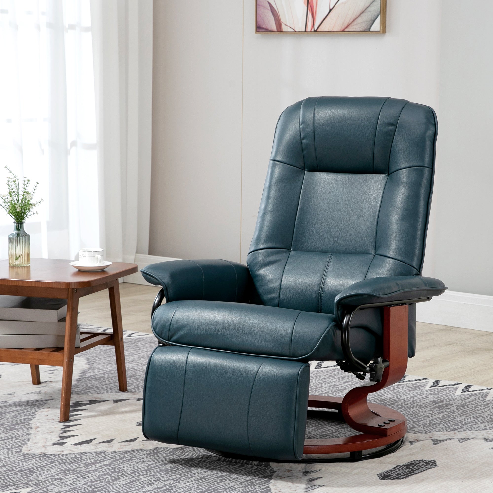Faux Leather Recliner Chair, Swivel Recliner w/ Footrest, Armrest & Wood Base, Blue - HOMCOM