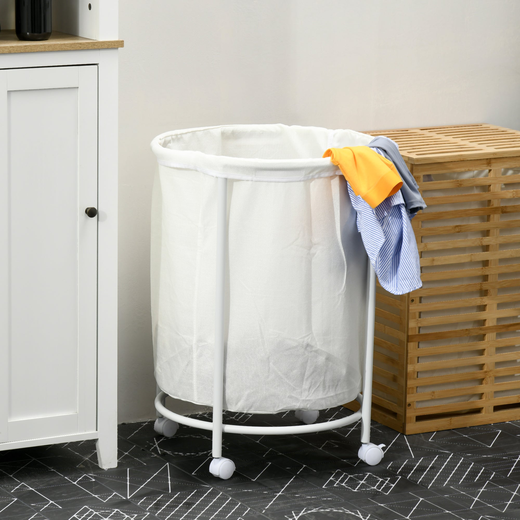 HOMCOM 100L Rolling Laundry Basket on Wheels, 50cm Round Laundry Hamper with Removable Bag and Steel Frame for Bedroom, Bathroom, Laundry Room, Cream White
