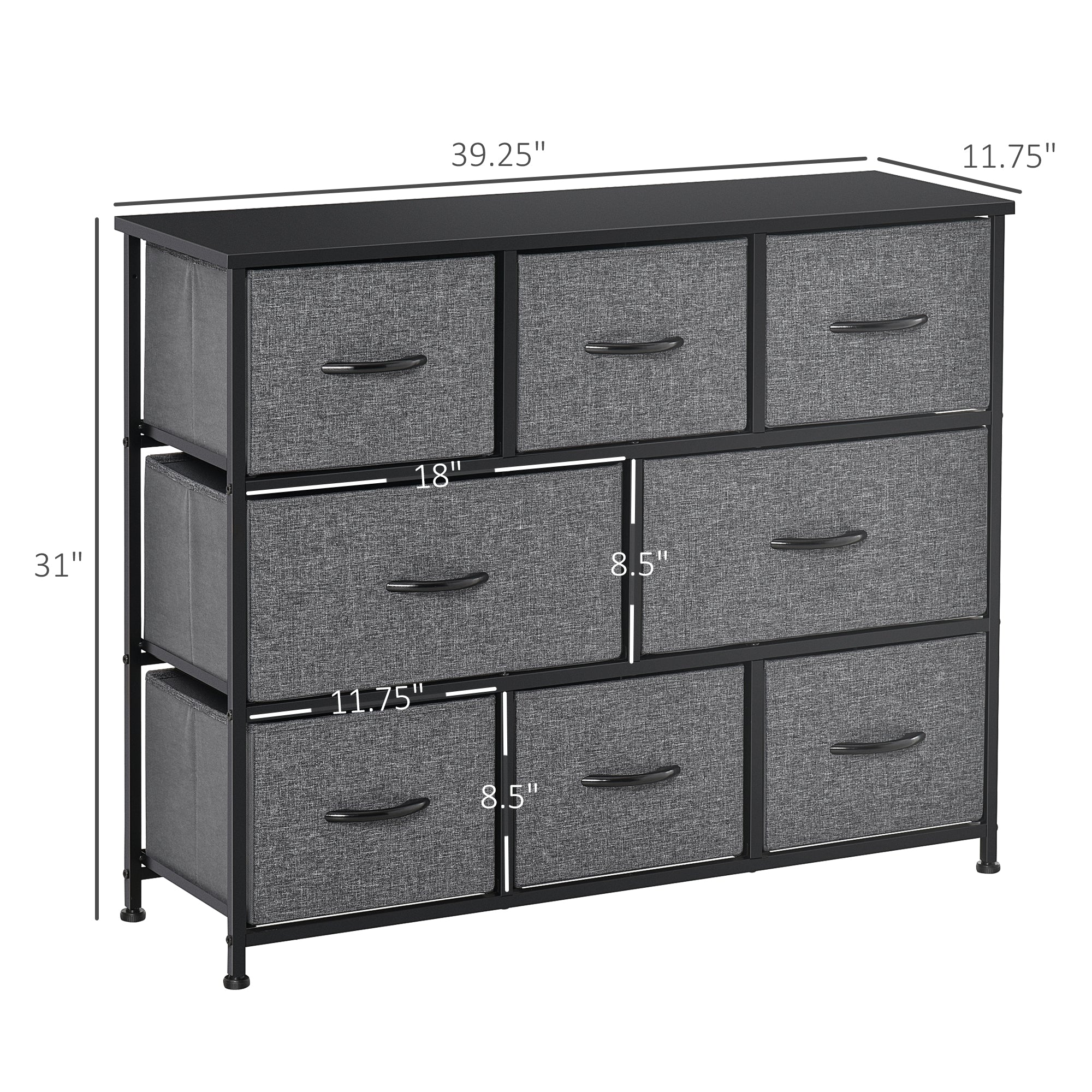 Dresser for Bedroom with 8 Drawers, 3-Tier Fabric Chest of Drawers, Tall Dresser Storage Tower with Steel Frame and Wooden Top for Closets, Nursery Room, Black