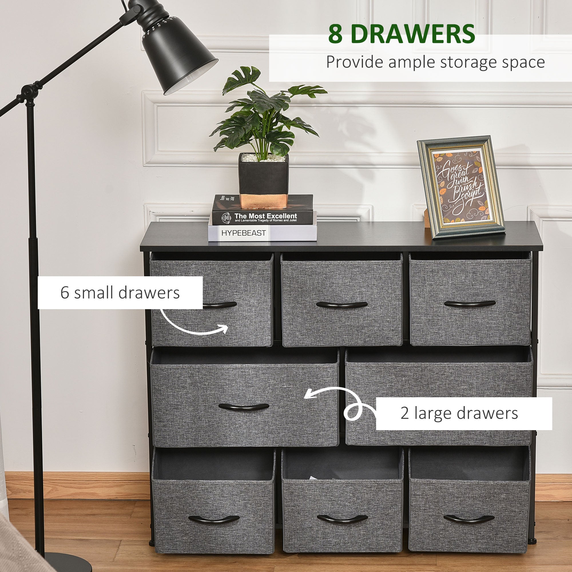 Dresser for Bedroom with 8 Drawers, 3-Tier Fabric Chest of Drawers, Tall Dresser Storage Tower with Steel Frame and Wooden Top for Closets, Nursery Room, Black