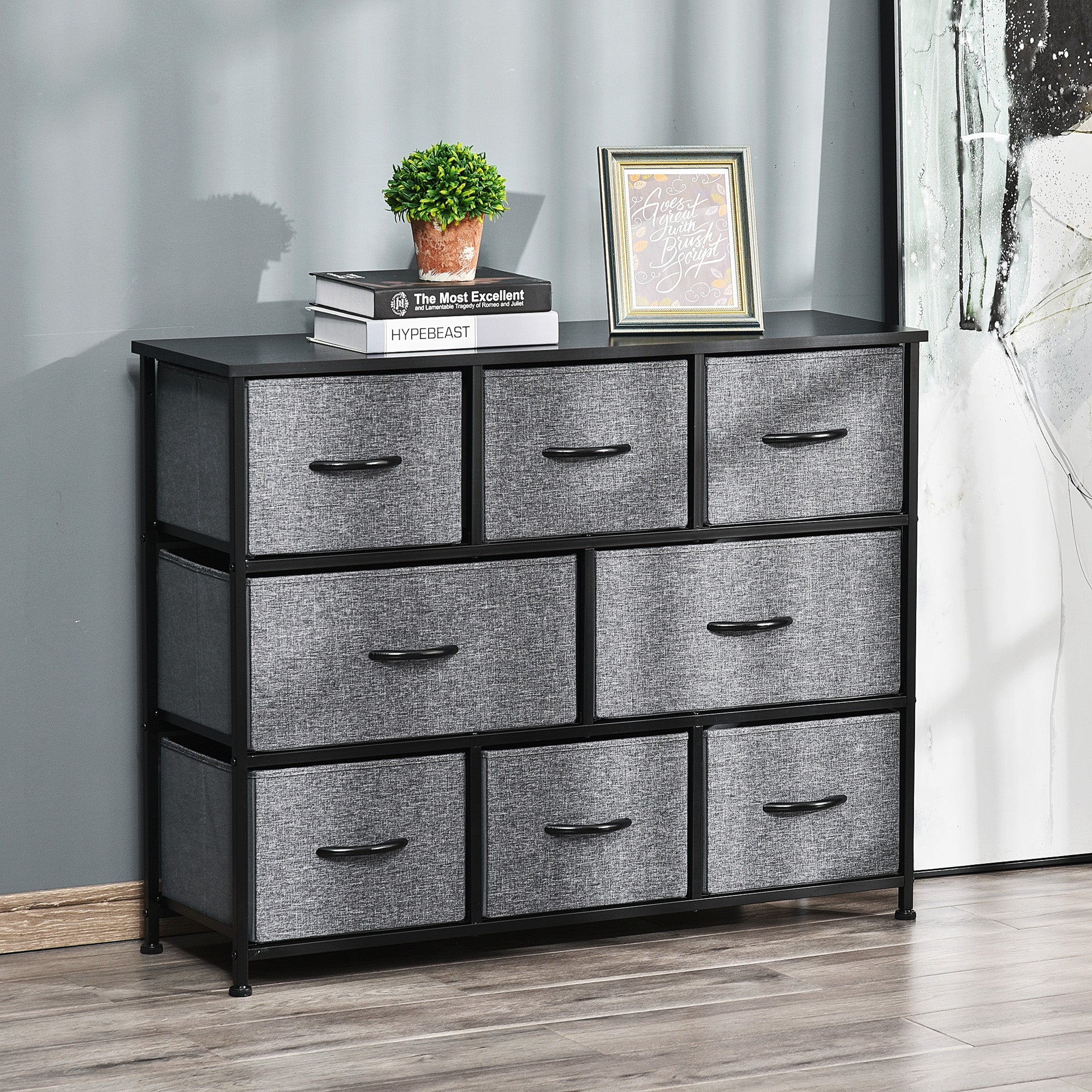 Dresser for Bedroom with 8 Drawers, 3-Tier Fabric Chest of Drawers, Tall Dresser Storage Tower with Steel Frame and Wooden Top for Closets, Nursery Room, Black