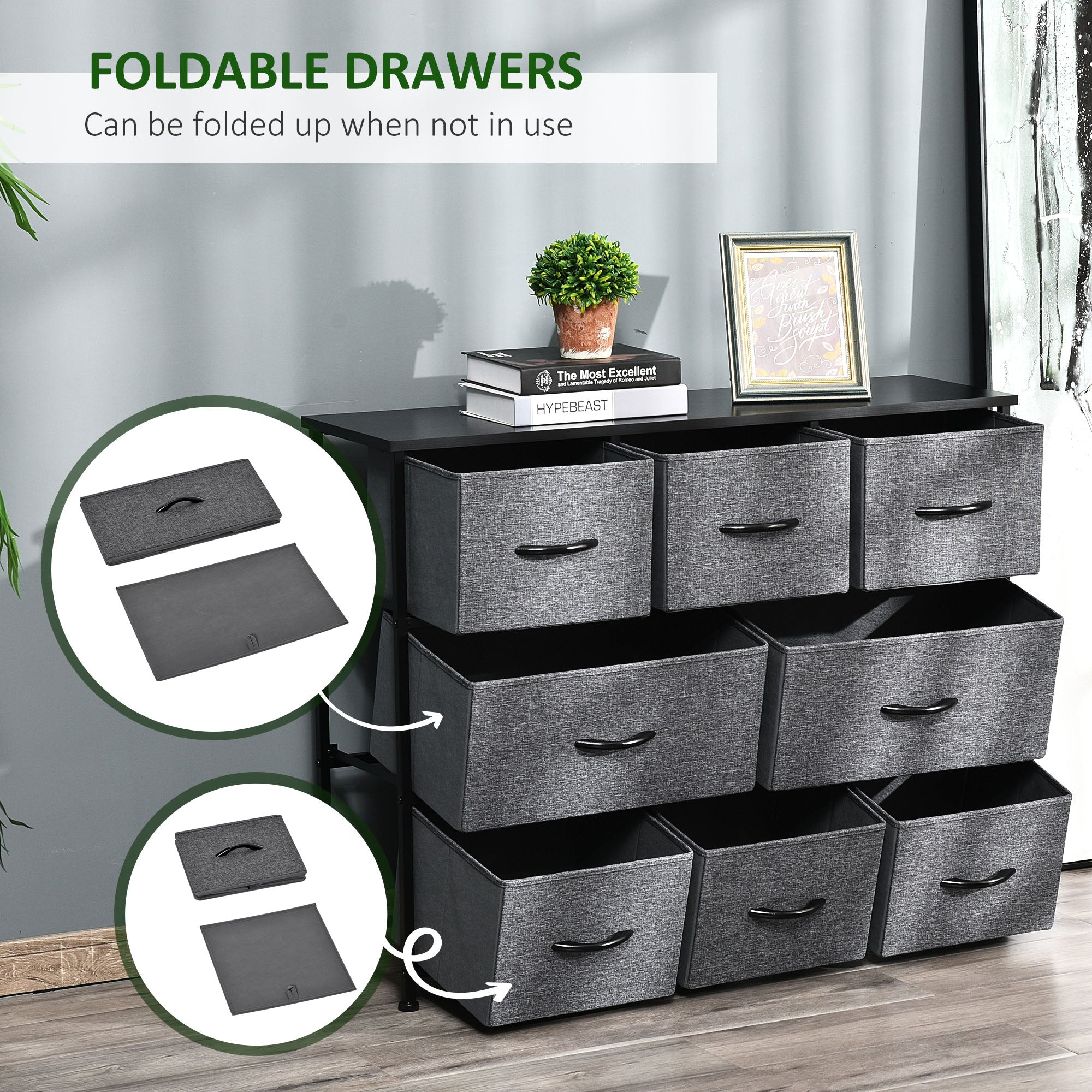 Dresser for Bedroom with 8 Drawers, 3-Tier Fabric Chest of Drawers, Tall Dresser Storage Tower with Steel Frame and Wooden Top for Closets, Nursery Room, Black