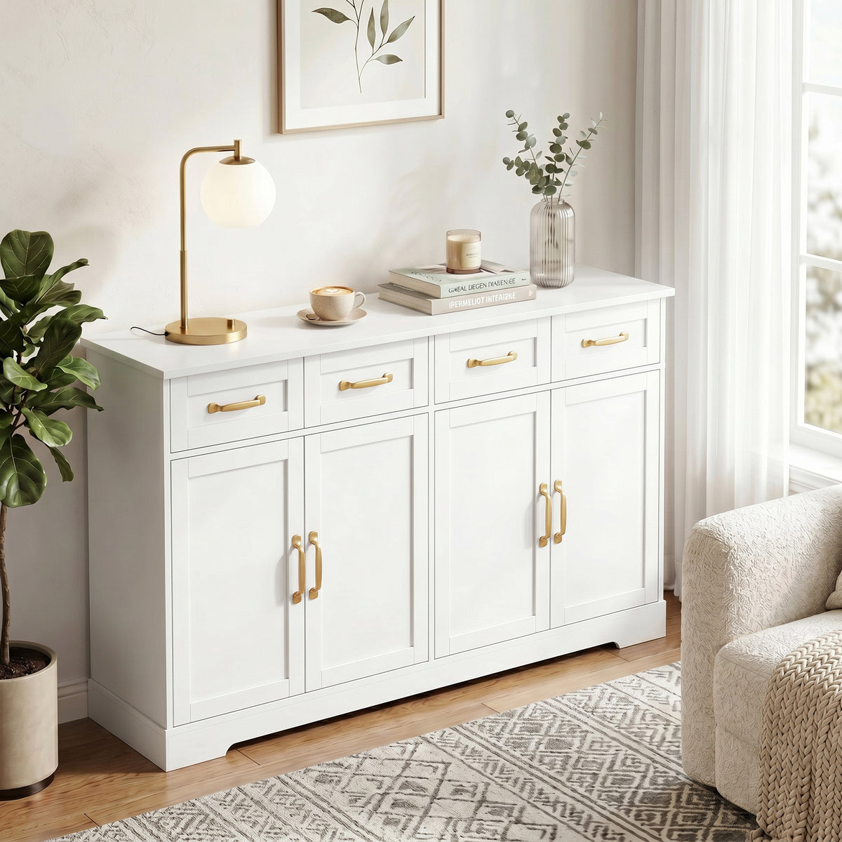 Sideboard Buffet Cabinet, 55" Modern Farmhouse Kitchen Storage Cabinet with 4 Drawers, 4 Doors and 2 Adjustable Shelves, Coffee Bar Station, White