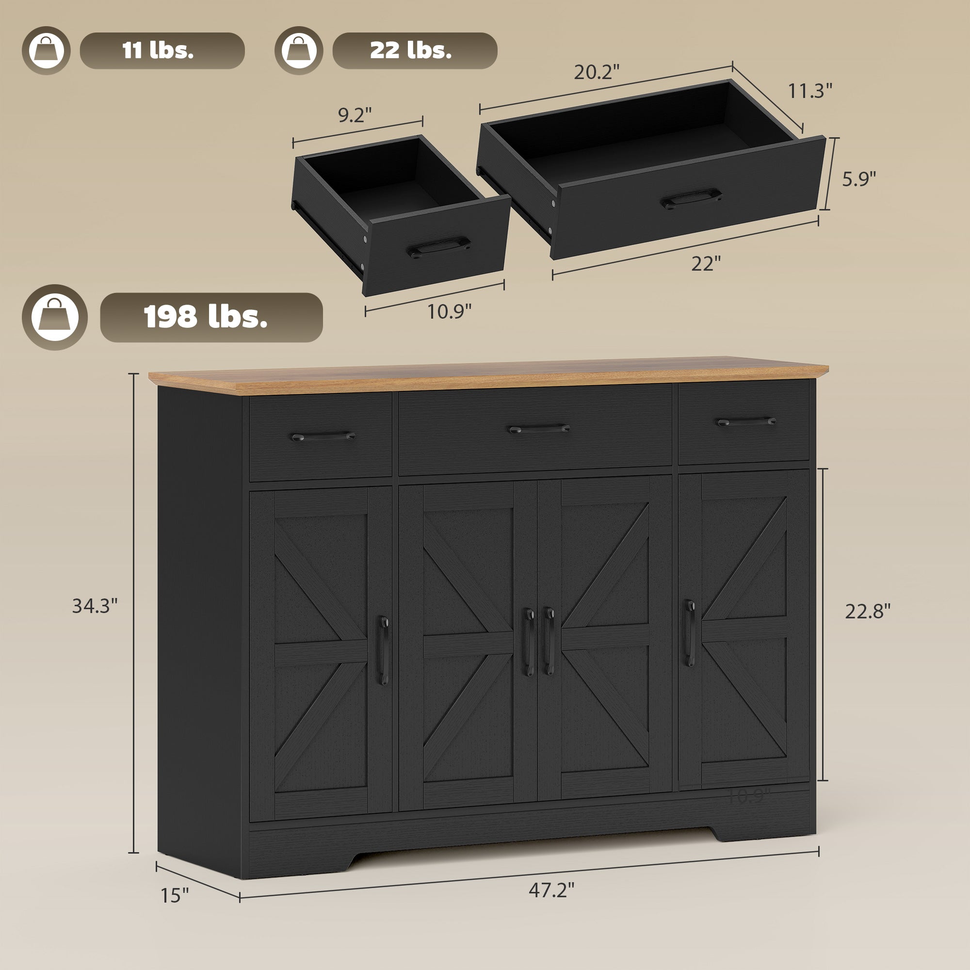 47" Sideboard Buffet Cabinet, Farmhouse Credenza with Soft-Close Hinges, Coffee Bar Cabinet with Spice Racks, 3 Drawers and 3 Adjustable Shelves, Black