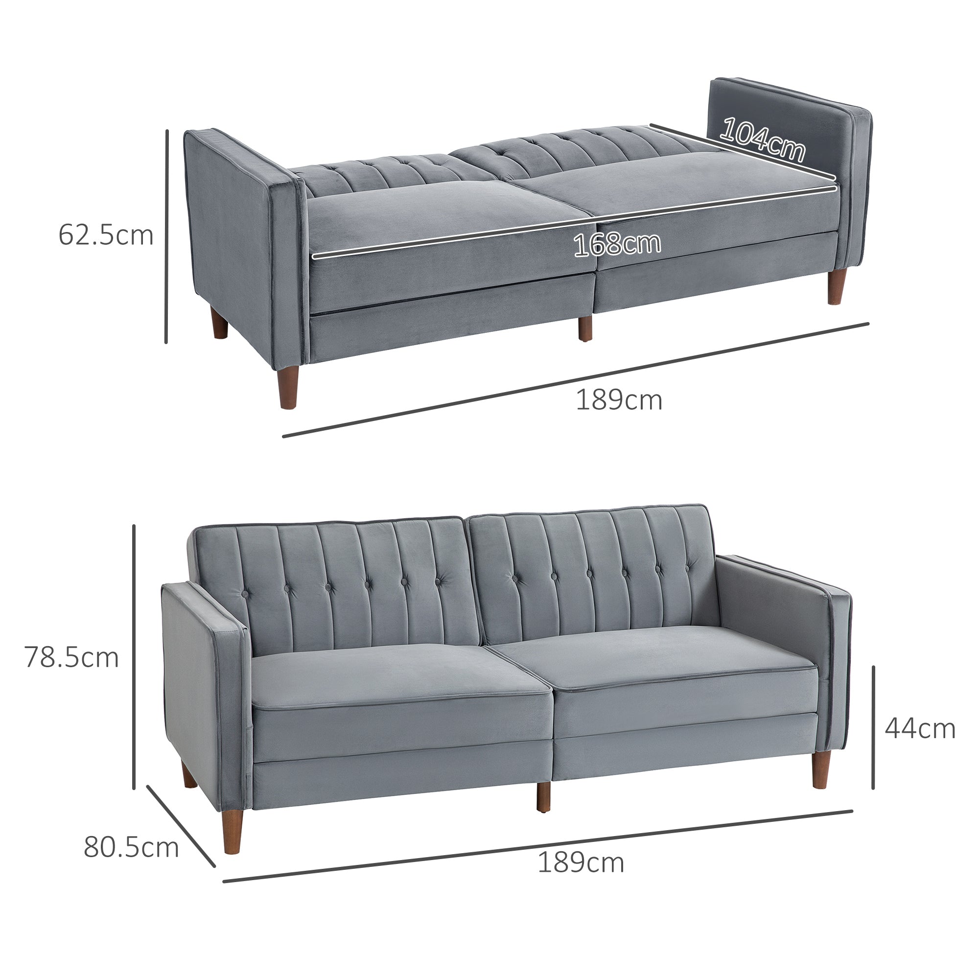 HOMCOM Modern 3 Seater Velvet Sofa Bed, Click Clack Sofa Bed, Button Tufted Sleeper Couch with Split Reclining Backrest and Rubber Wood Legs, Dark Grey