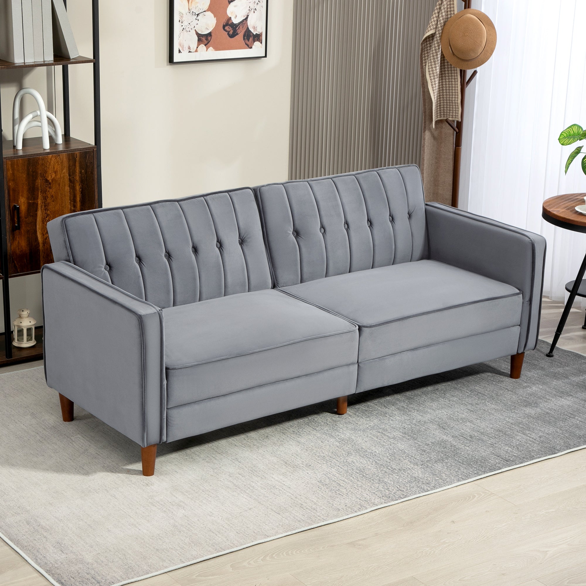 HOMCOM Modern 3 Seater Velvet Sofa Bed, Click Clack Sofa Bed, Button Tufted Sleeper Couch with Split Reclining Backrest and Rubber Wood Legs, Dark Grey