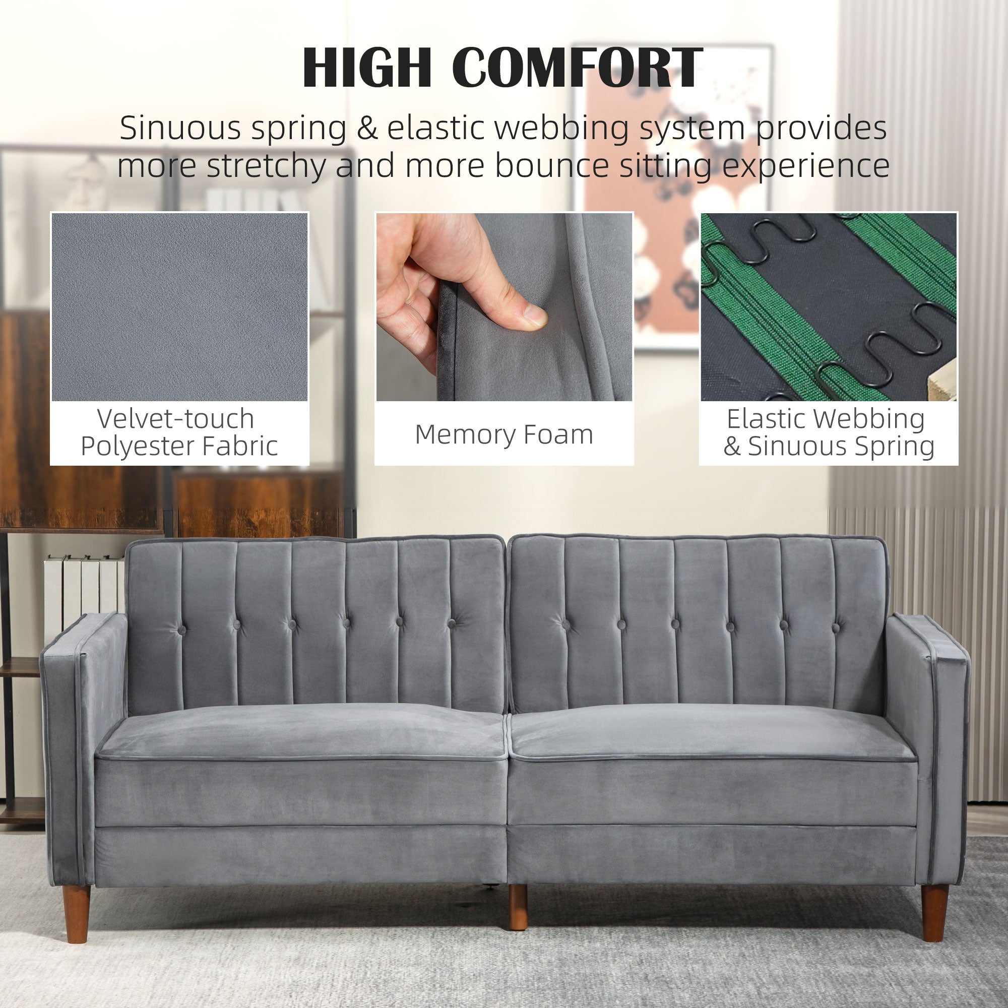HOMCOM Modern 3 Seater Velvet Sofa Bed, Click Clack Sofa Bed, Button Tufted Sleeper Couch with Split Reclining Backrest and Rubber Wood Legs, Dark Grey