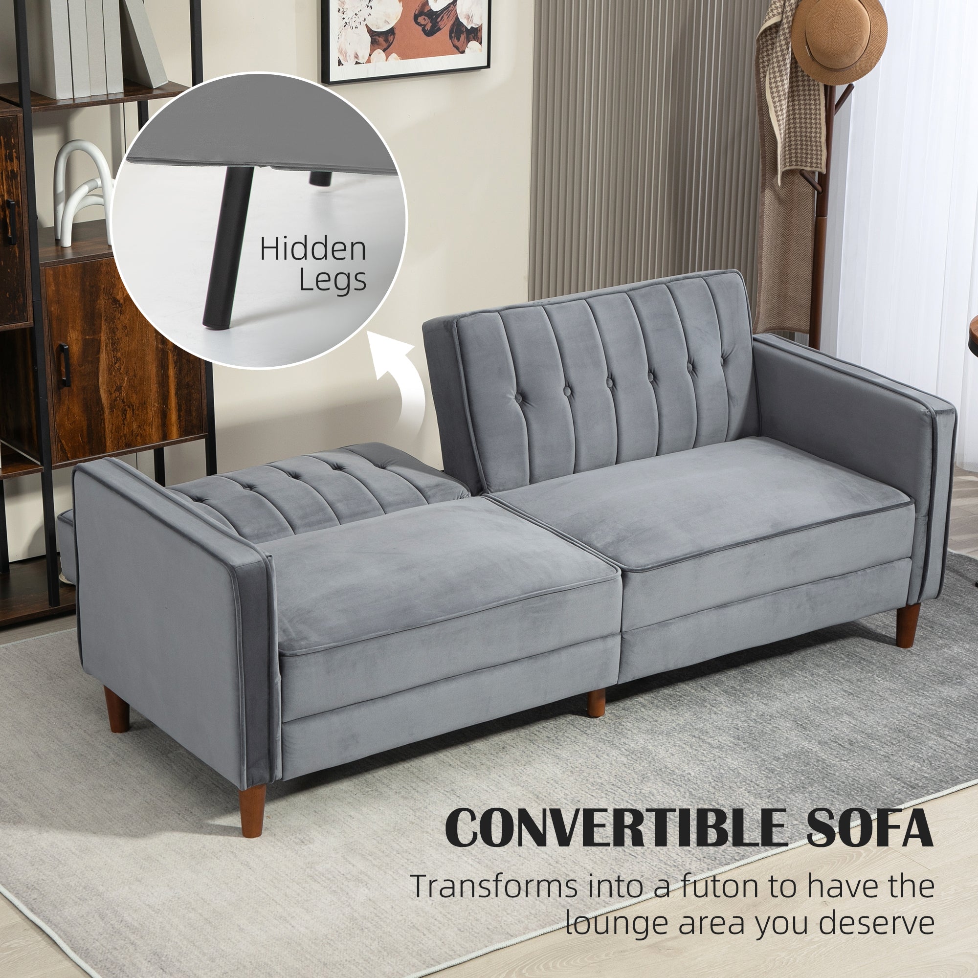 HOMCOM Modern 3 Seater Velvet Sofa Bed, Click Clack Sofa Bed, Button Tufted Sleeper Couch with Split Reclining Backrest and Rubber Wood Legs, Dark Grey