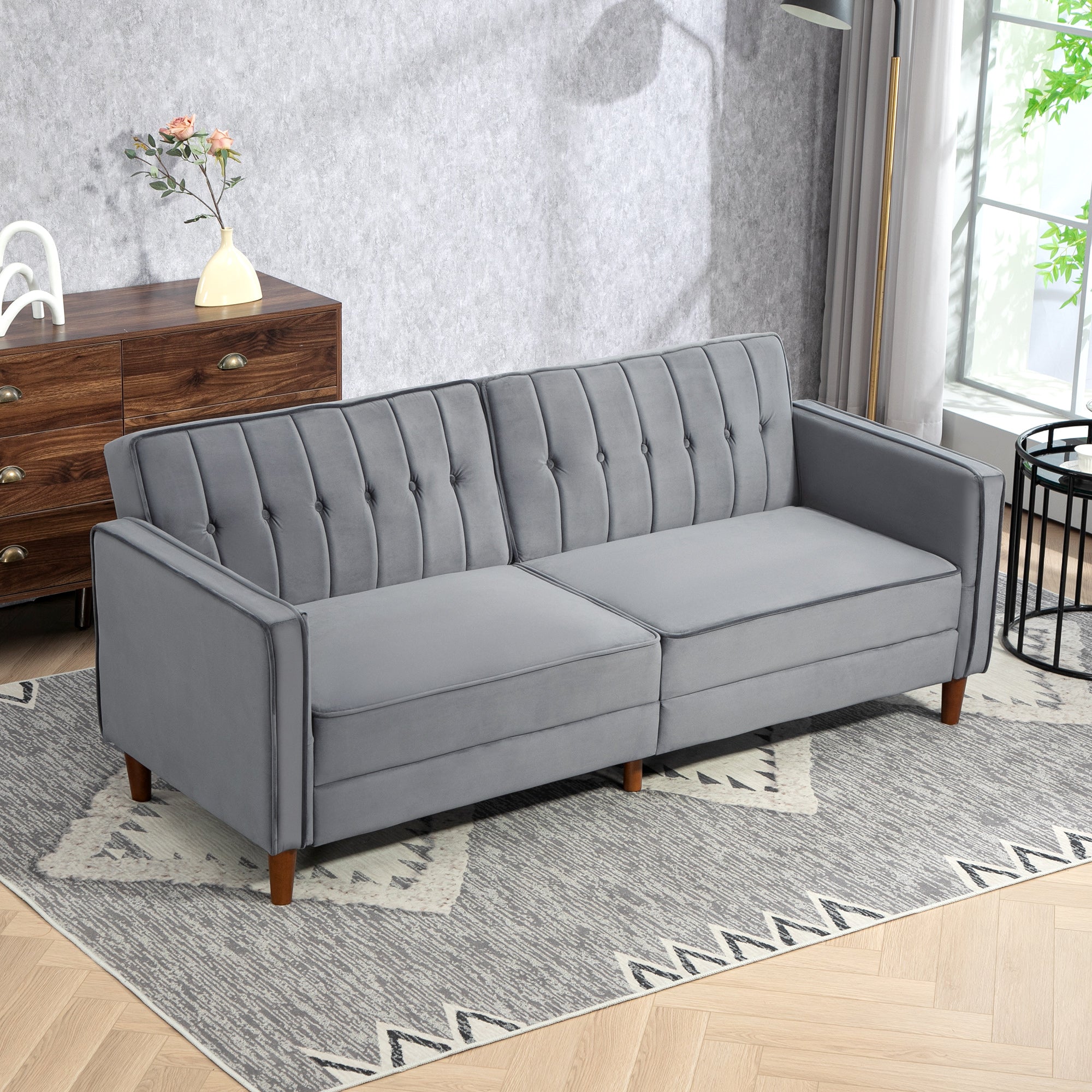 HOMCOM Modern 3 Seater Velvet Sofa Bed, Click Clack Sofa Bed, Button Tufted Sleeper Couch with Split Reclining Backrest and Rubber Wood Legs, Dark Grey