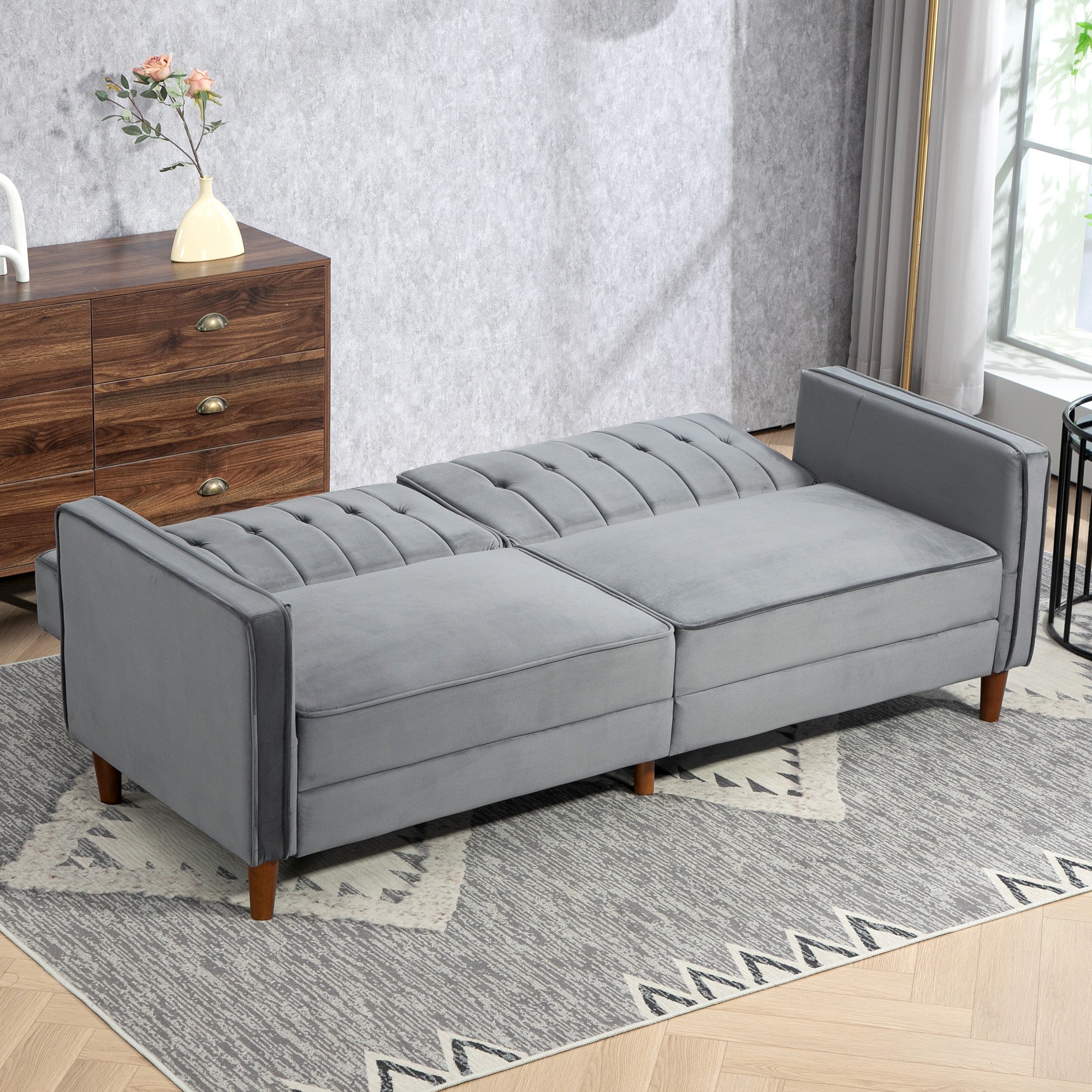 HOMCOM Modern 3 Seater Velvet Sofa Bed, Click Clack Sofa Bed, Button Tufted Sleeper Couch with Split Reclining Backrest and Rubber Wood Legs, Dark Grey