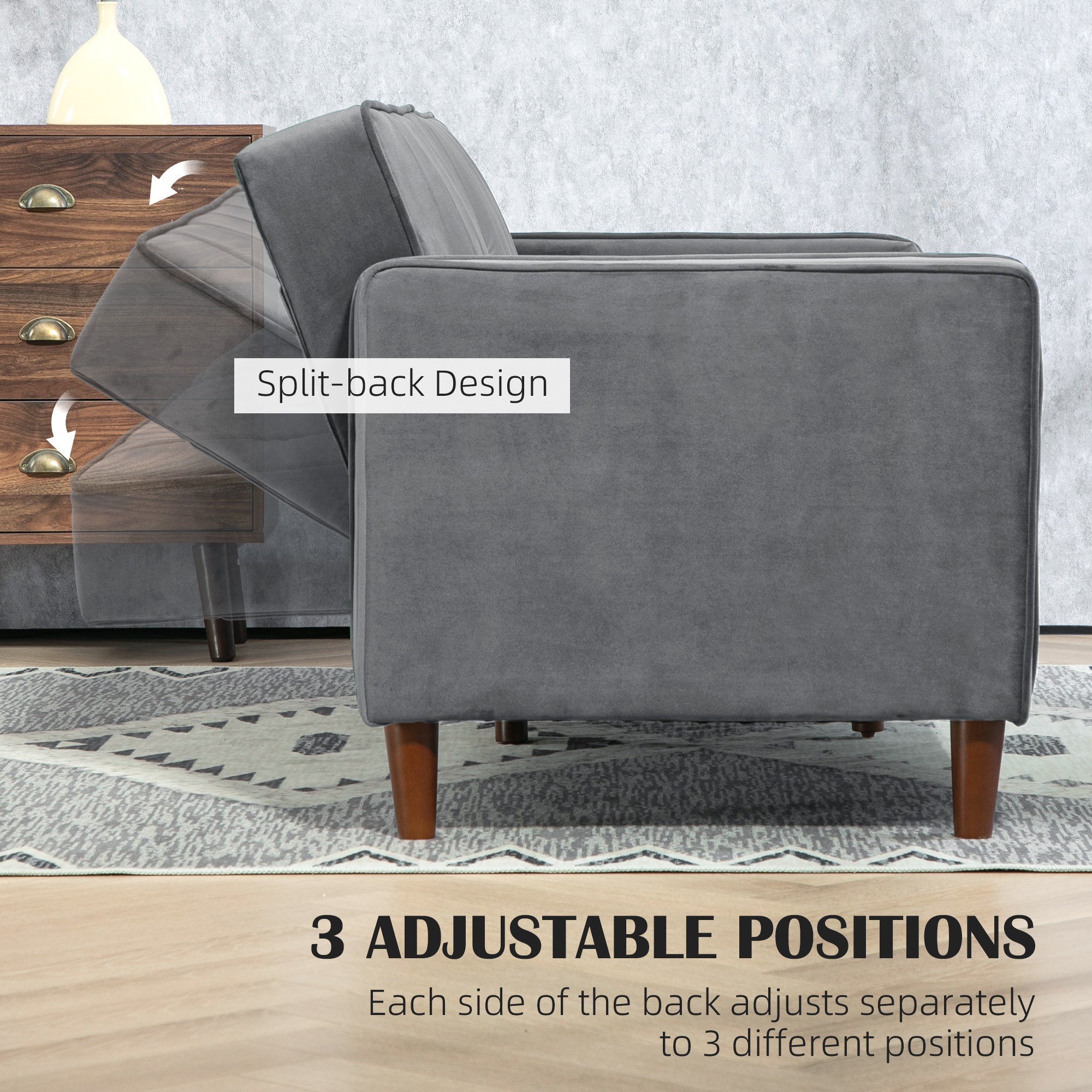 HOMCOM Modern 3 Seater Velvet Sofa Bed, Click Clack Sofa Bed, Button Tufted Sleeper Couch with Split Reclining Backrest and Rubber Wood Legs, Dark Grey