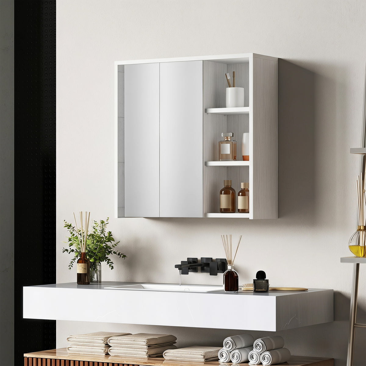Bathroom Medicine Cabinet with Mirror, Wall Mount Mirror Cabinet with Open Shelves, 2 Soft-Close Doors, Bathroom Storage Organizer, White Wood Grain