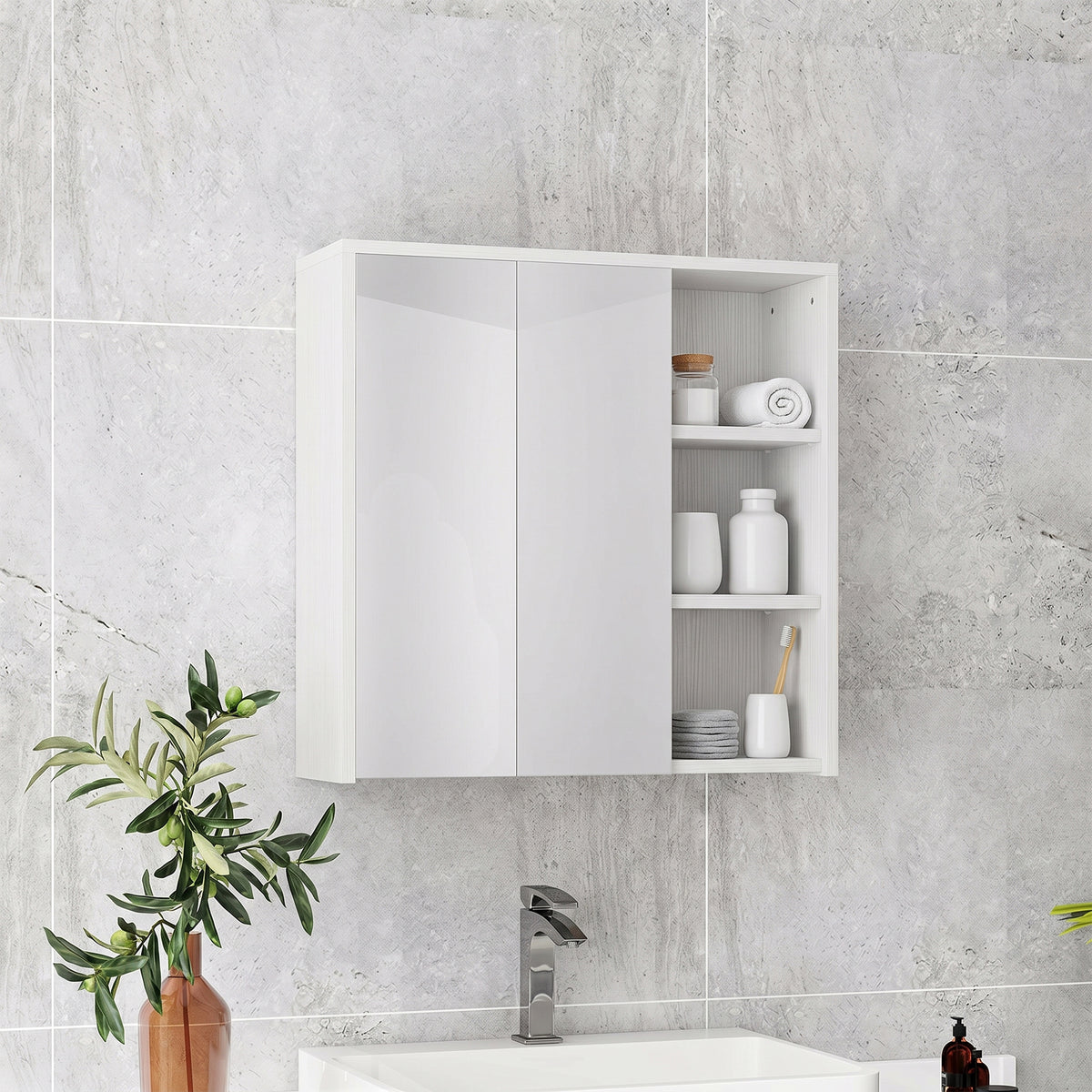 Bathroom Medicine Cabinet with Mirror, Wall Mount Mirror Cabinet with Open Shelves, 2 Soft-Close Doors, Bathroom Storage Organizer, White Wood Grain