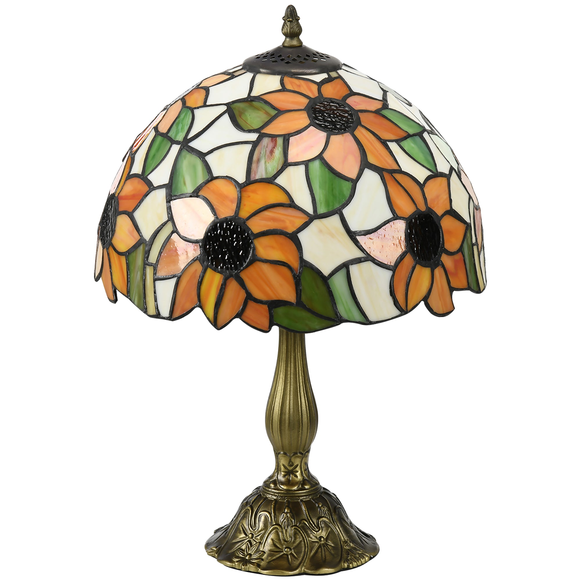HOMCOM Stained Glass Table Lamp, Handmade Antique Bedside Lamp for Bedroom, Living room, Home, Nightstand, Decorative Night Light, Orange Sunflower