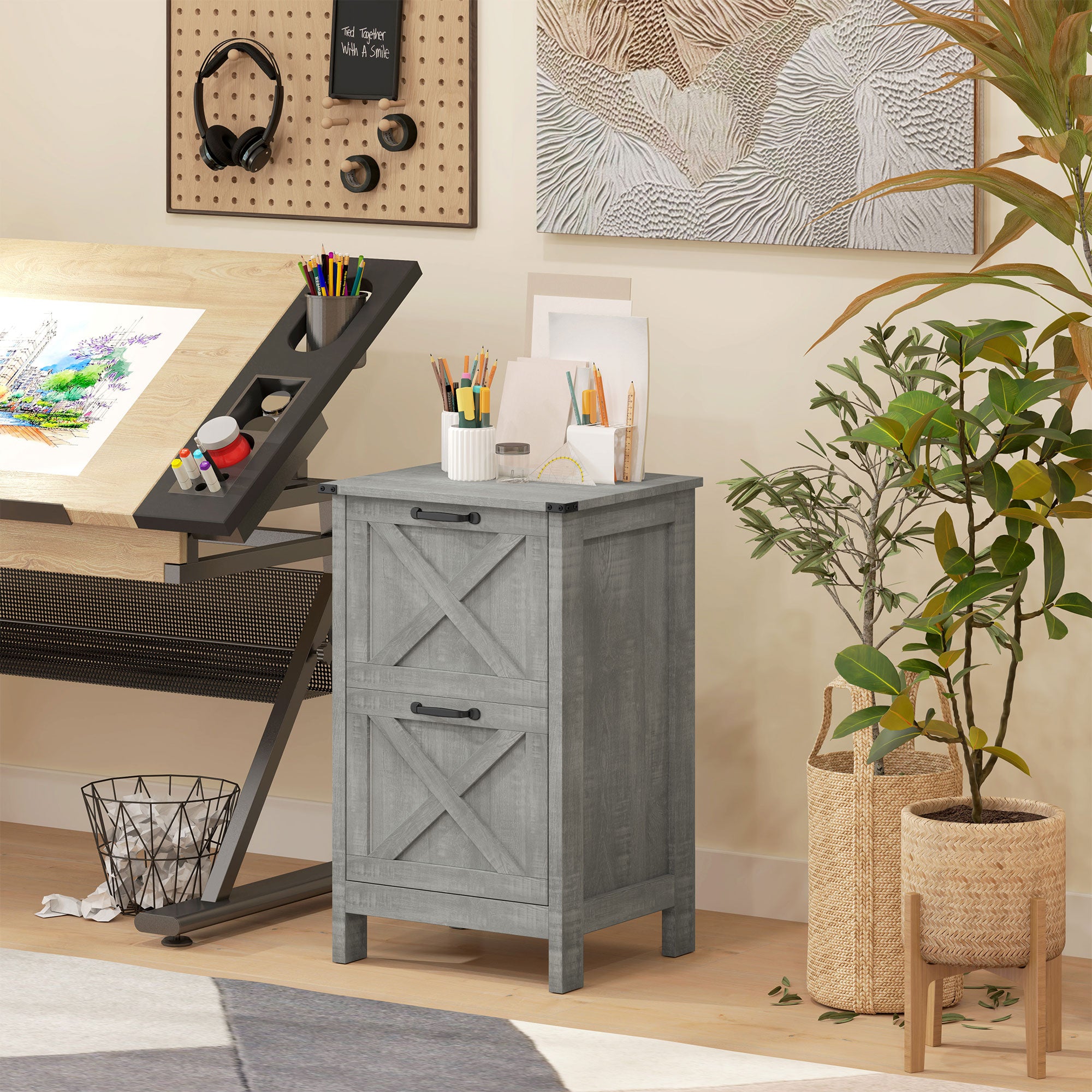 2 Drawer Vertical File Cabinet with Silent Slides, Rustic Farmhouse Filing Cabinet with Barn Doors for A4/Letter Size, Printer Stand with Storage for Home Office, Distressed Light Gray