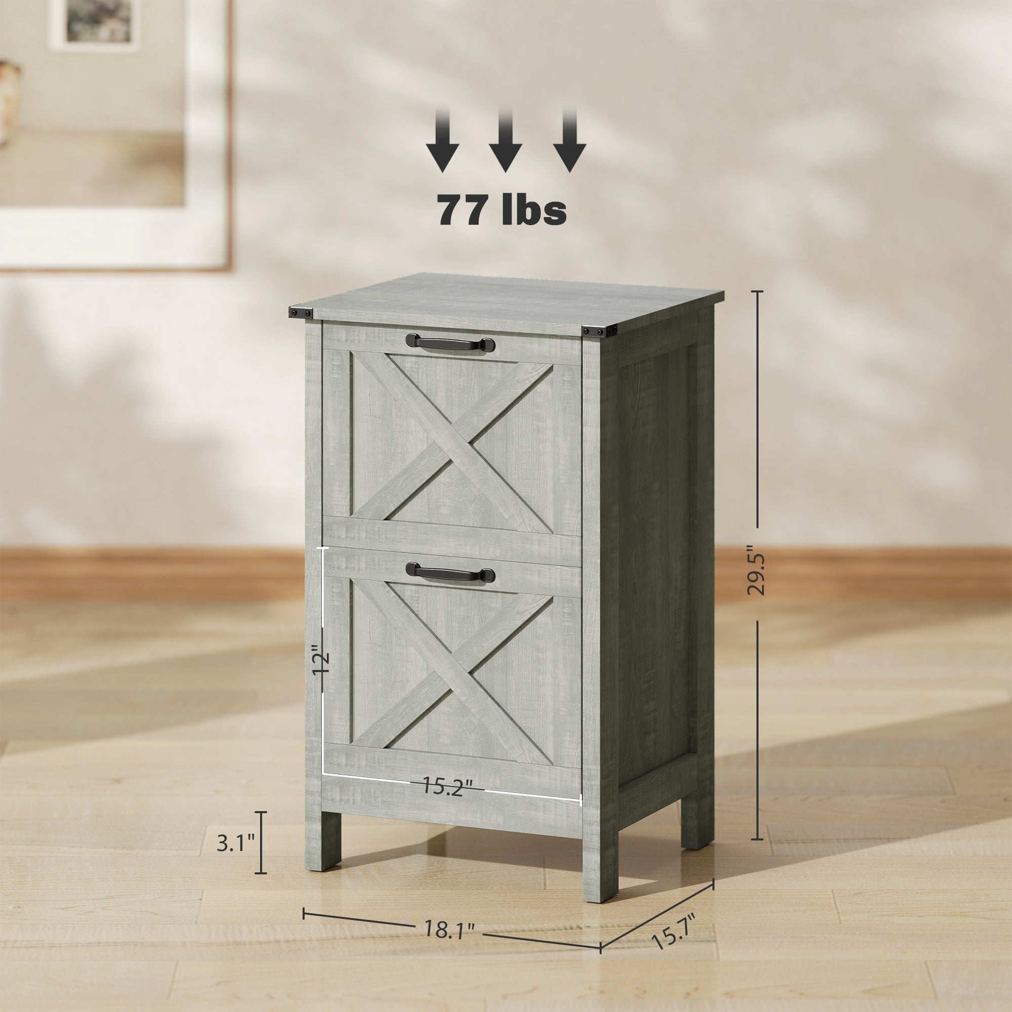 2 Drawer Vertical File Cabinet with Silent Slides, Rustic Farmhouse Filing Cabinet with Barn Doors for A4/Letter Size, Printer Stand with Storage for Home Office, Distressed Light Gray