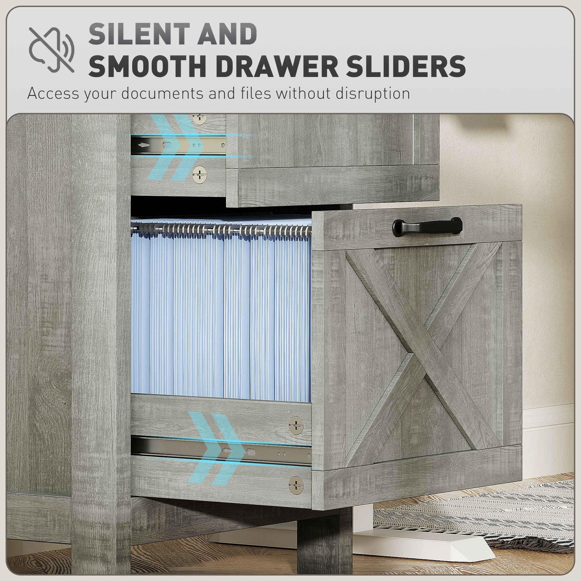 2 Drawer Vertical File Cabinet with Silent Slides, Rustic Farmhouse Filing Cabinet with Barn Doors for A4/Letter Size, Printer Stand with Storage for Home Office, Distressed Light Gray