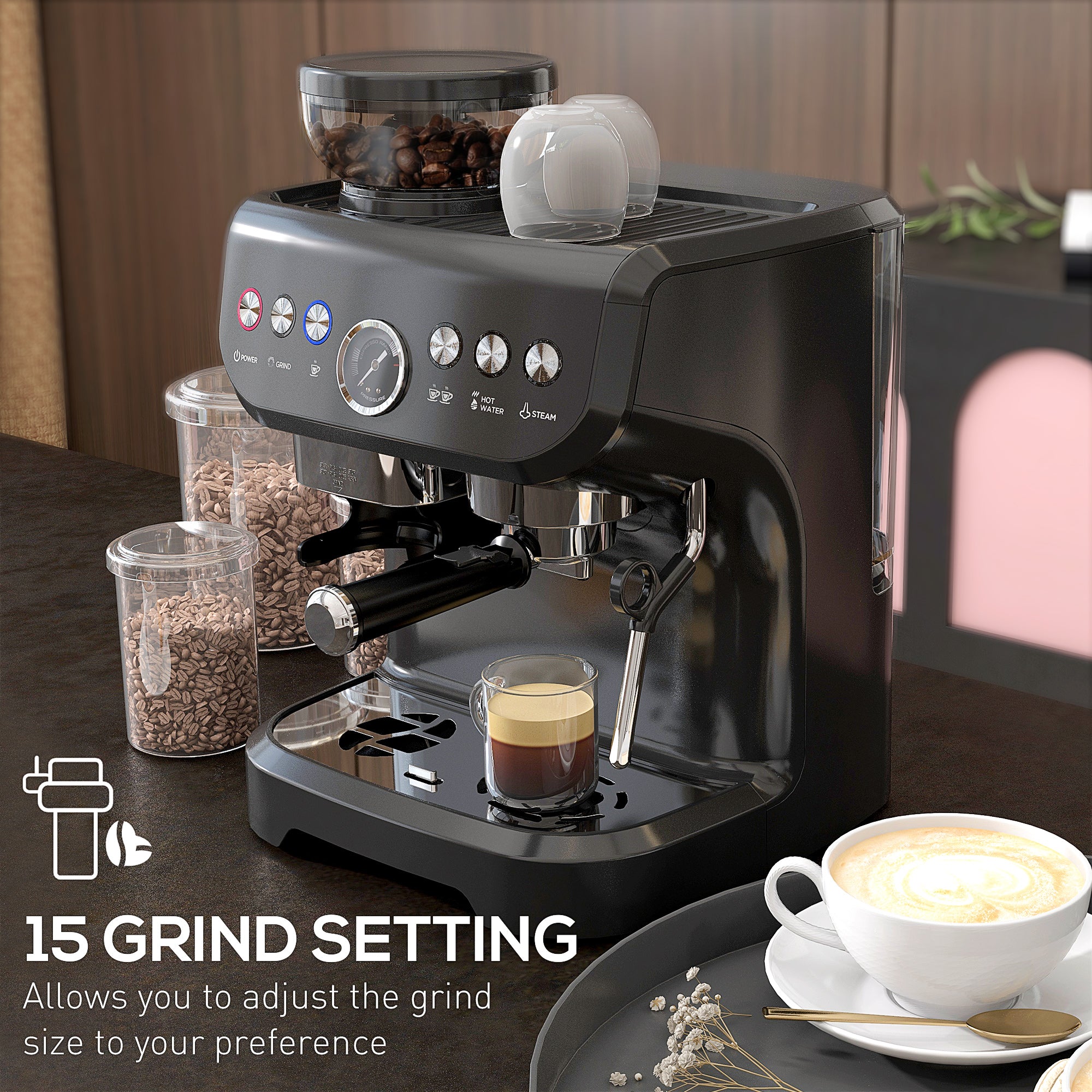 Espresso Machine 15 Bar, Coffee Maker with Milk Frother, Fast Heating, Adjustable Temp, Grinder, Removable Water Tank for Barista Level, Espresso, Latte, Cappuccino, Black