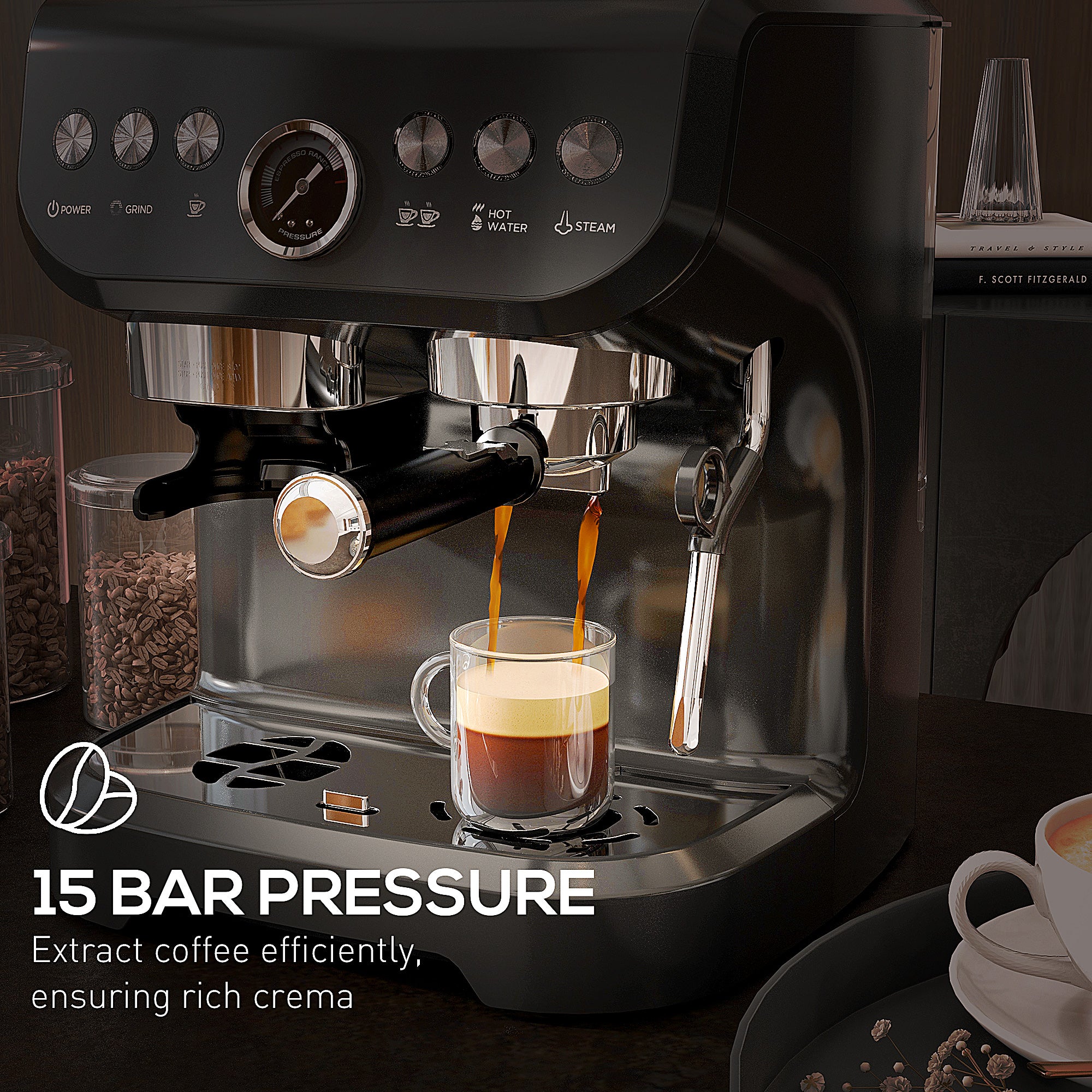 Espresso Machine 15 Bar, Coffee Maker with Milk Frother, Fast Heating, Adjustable Temp, Grinder, Removable Water Tank for Barista Level, Espresso, Latte, Cappuccino, Black