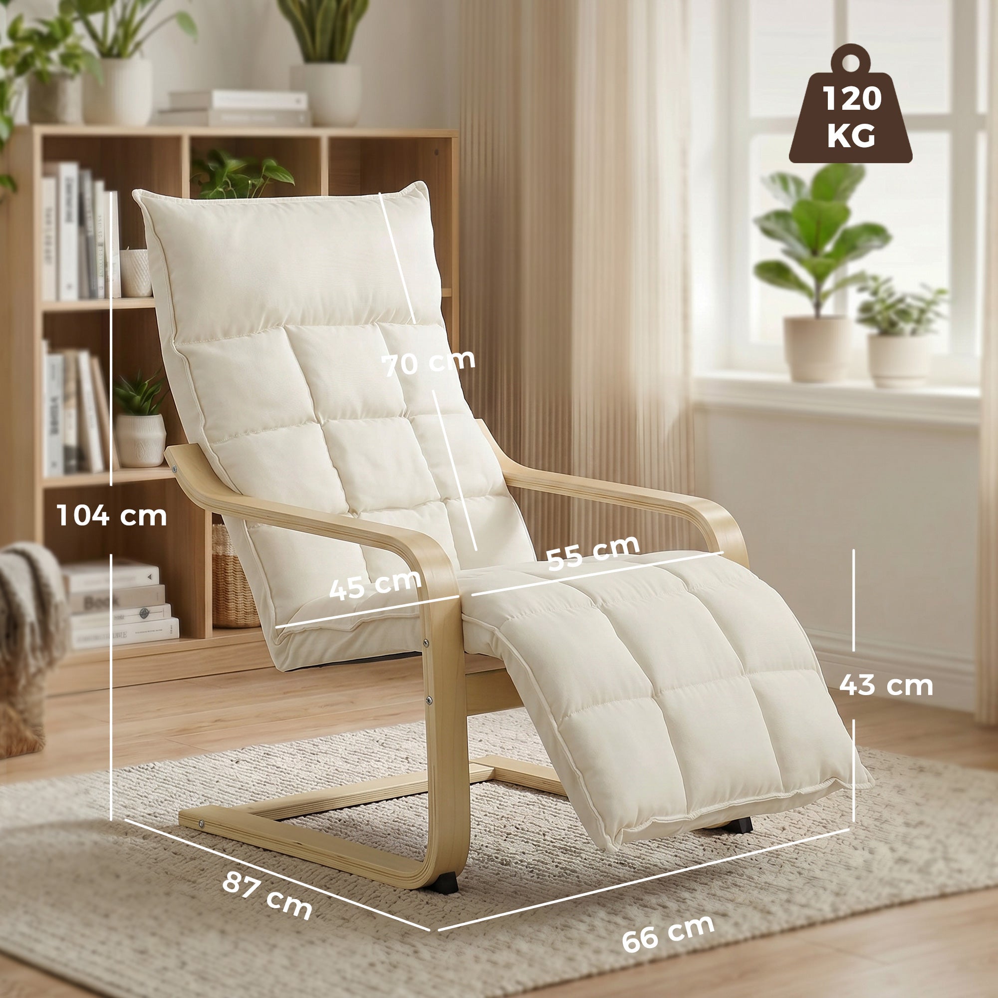 Accent Chair, Linen-Look Fabric Armchair with Footrest, Plush Cushion, High Back, Wide Seat, Curved Legs and Arms, Gentle Motion, Leisure Lounge Chair for Living Room, Bedroom, Cream White