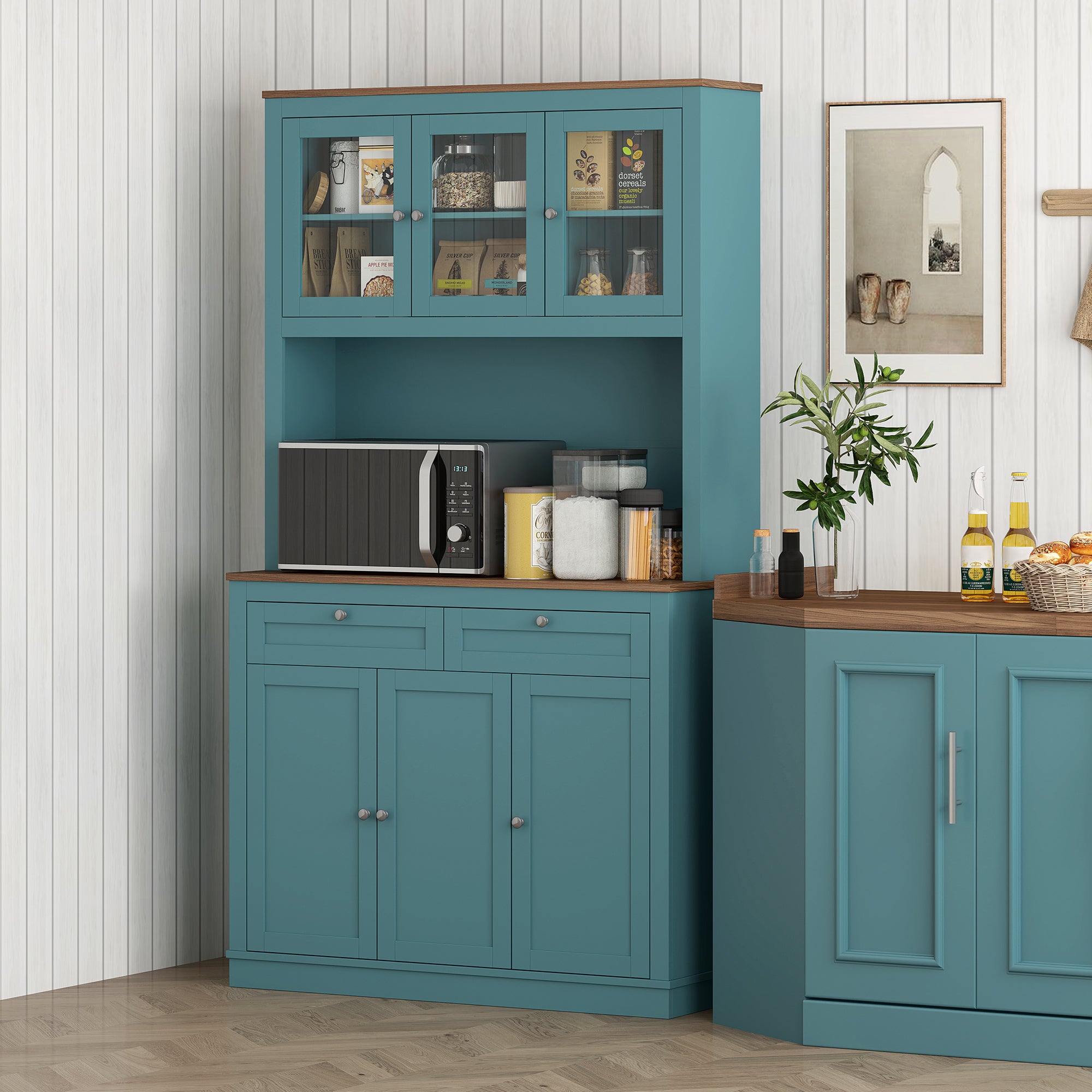 HOMCOM 71" Tall Pantry Cabinet with Microwave Stand, Freestanding Kitchen Hutch with 2 Drawers, Bar Cabinet with Adjustable Shelves, Glass and Recessed Doors for Kitchen, Dining Room, Green