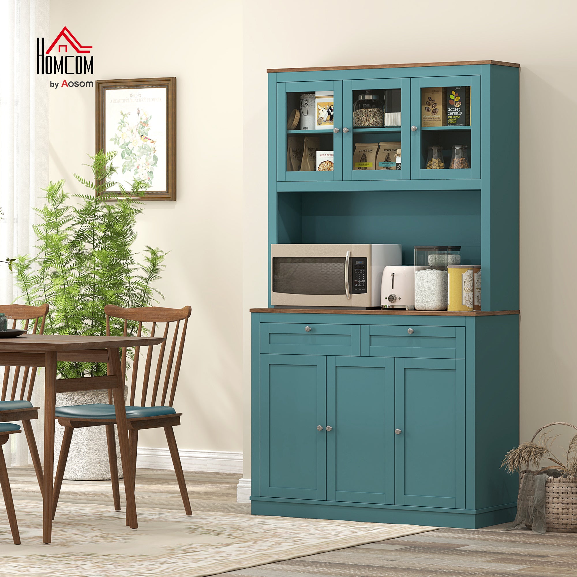 HOMCOM 71" Tall Pantry Cabinet with Microwave Stand, Freestanding Kitchen Hutch with 2 Drawers, Bar Cabinet with Adjustable Shelves, Glass and Recessed Doors for Kitchen, Dining Room, Green