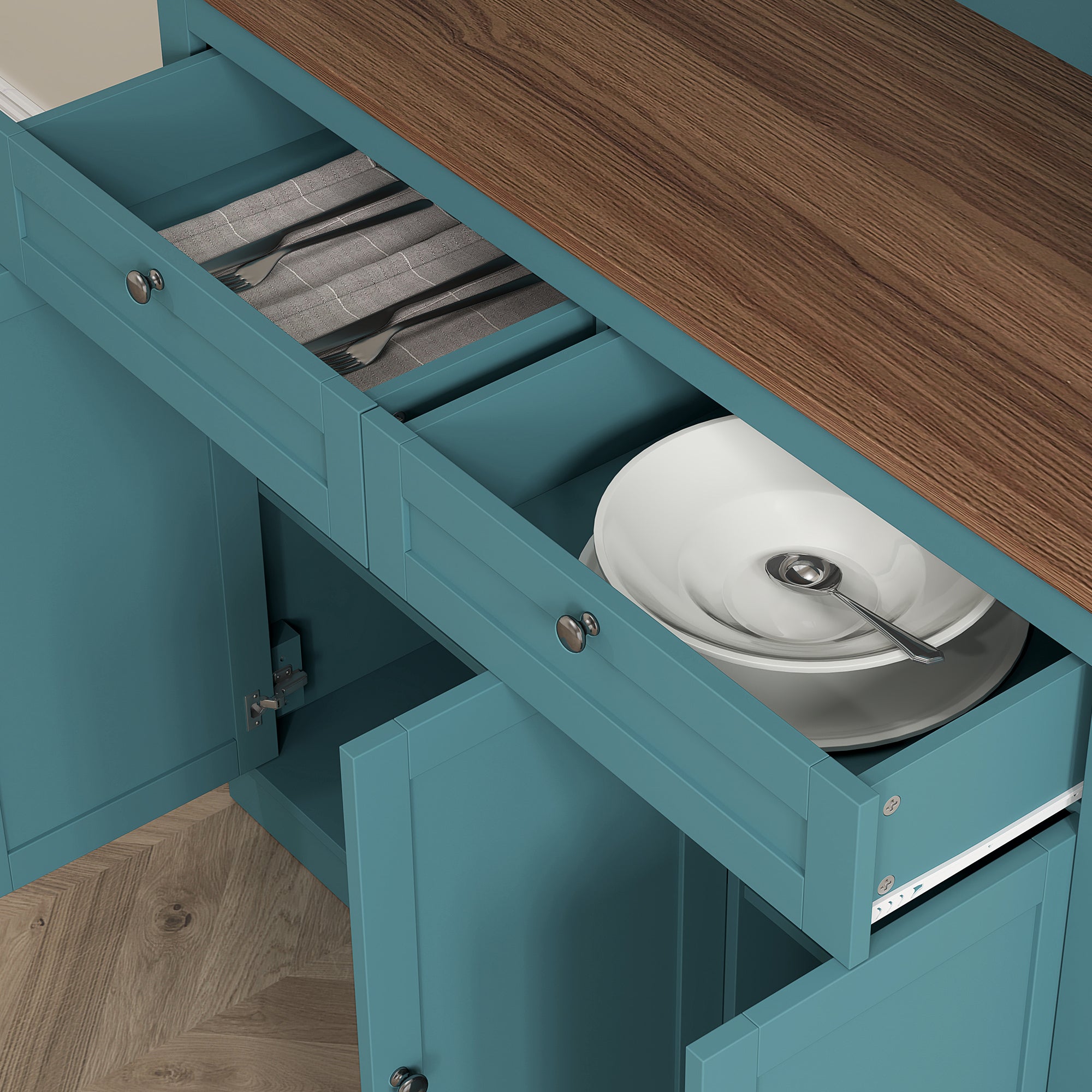 HOMCOM 71" Tall Pantry Cabinet with Microwave Stand, Freestanding Kitchen Hutch with 2 Drawers, Bar Cabinet with Adjustable Shelves, Glass and Recessed Doors for Kitchen, Dining Room, Green