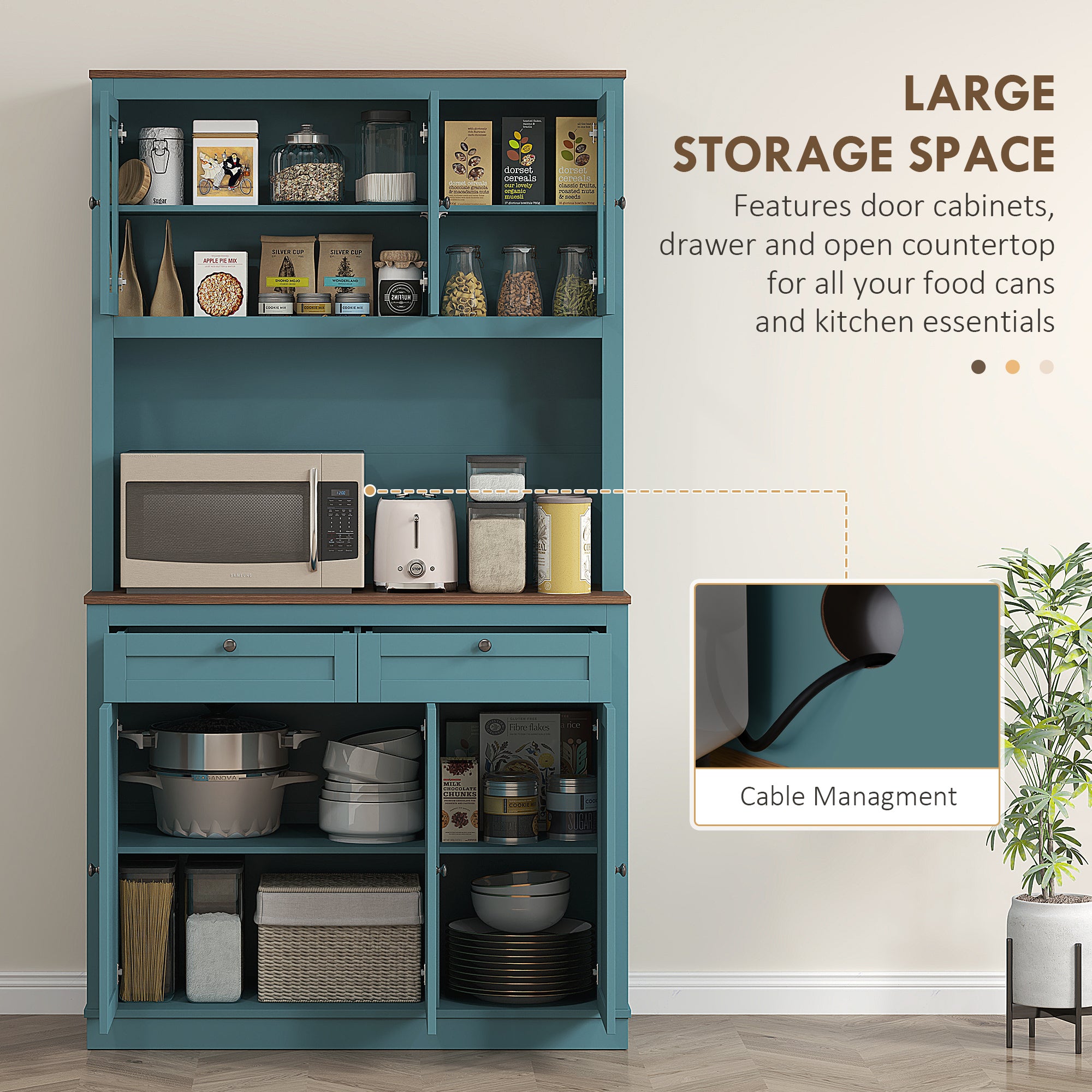 HOMCOM 71" Tall Pantry Cabinet with Microwave Stand, Freestanding Kitchen Hutch with 2 Drawers, Bar Cabinet with Adjustable Shelves, Glass and Recessed Doors for Kitchen, Dining Room, Green