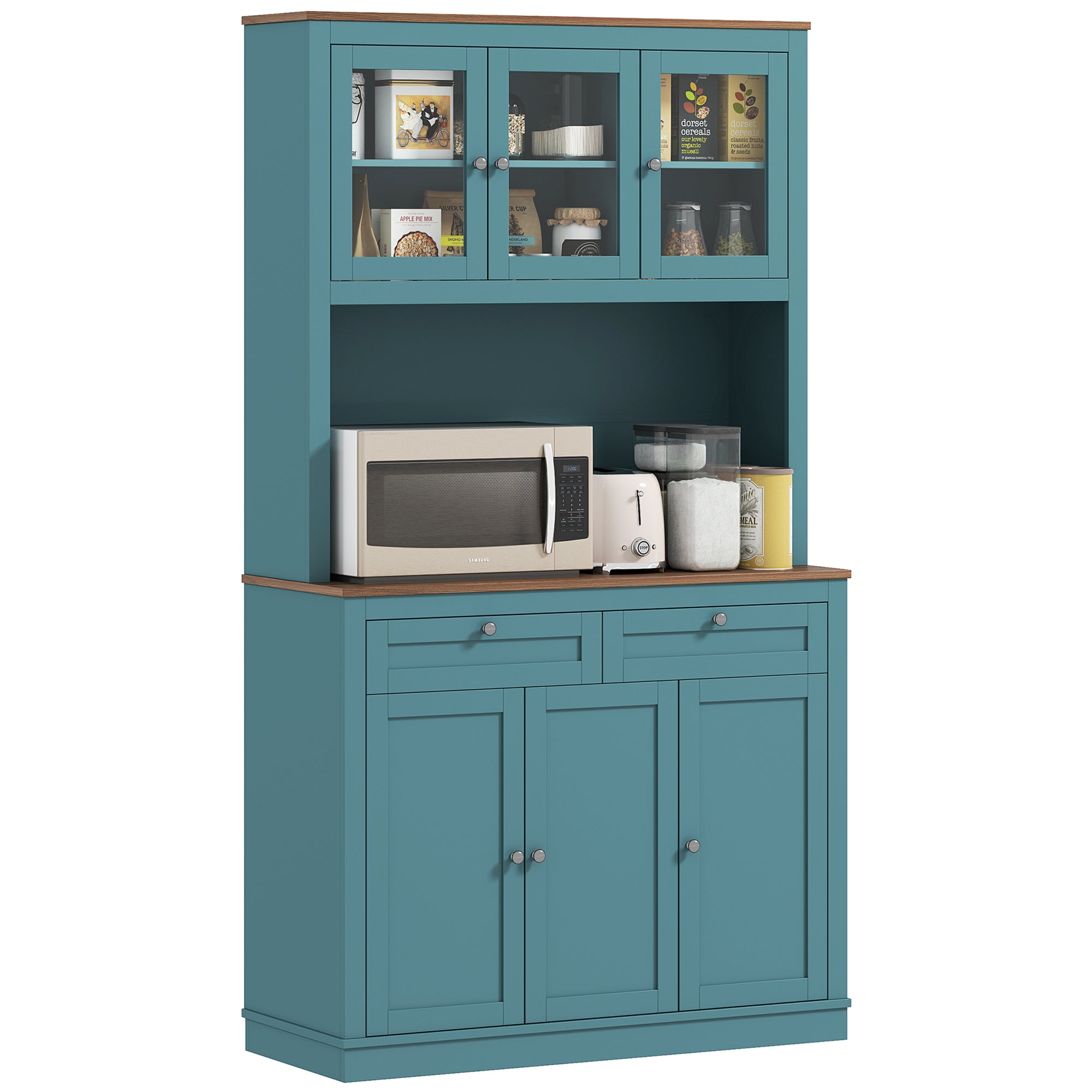 HOMCOM 71" Tall Pantry Cabinet with Microwave Stand, Freestanding Kitchen Hutch with 2 Drawers, Bar Cabinet with Adjustable Shelves, Glass and Recessed Doors for Kitchen, Dining Room, Green