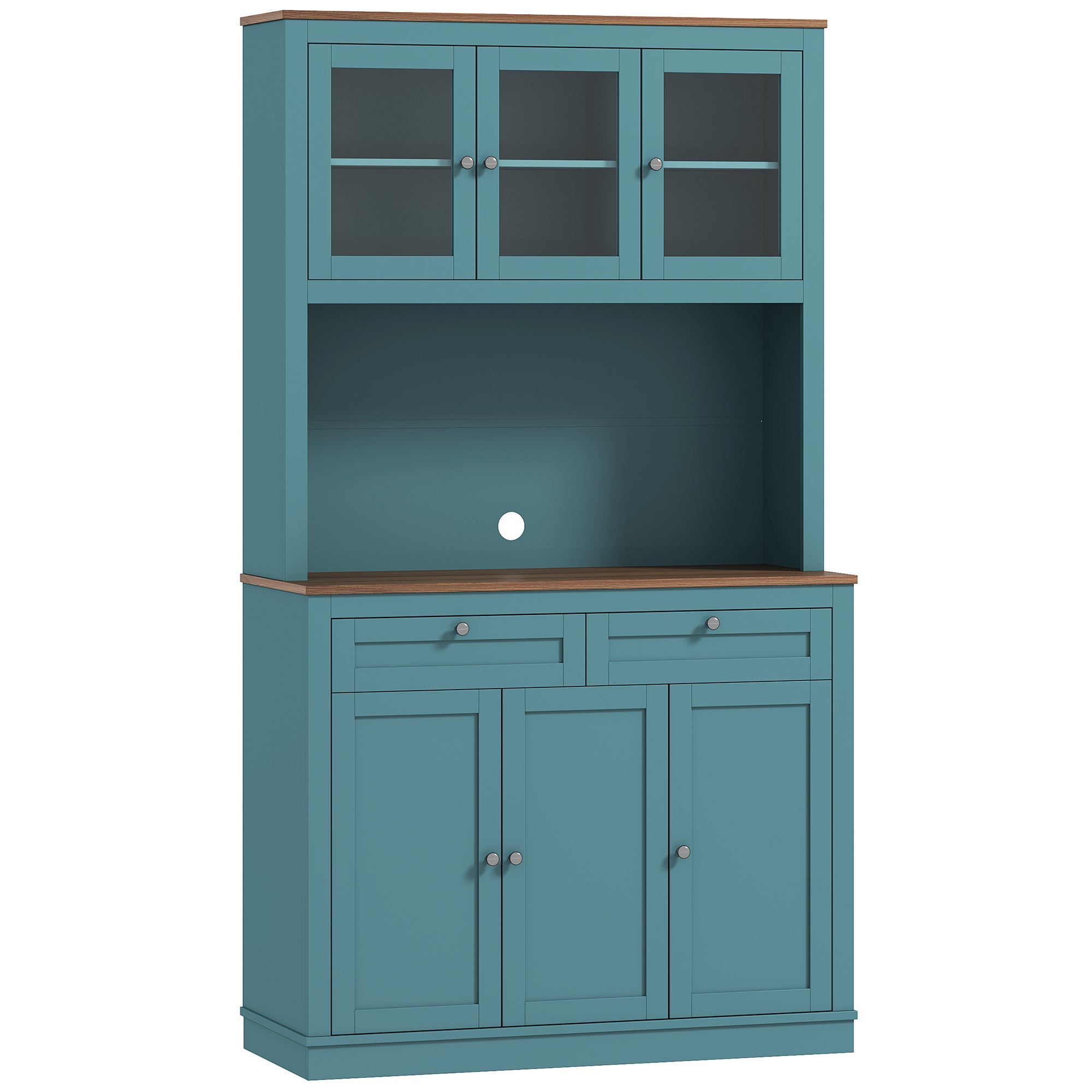 HOMCOM 71" Tall Pantry Cabinet with Microwave Stand, Freestanding Kitchen Hutch with 2 Drawers, Bar Cabinet with Adjustable Shelves, Glass and Recessed Doors for Kitchen, Dining Room, Green