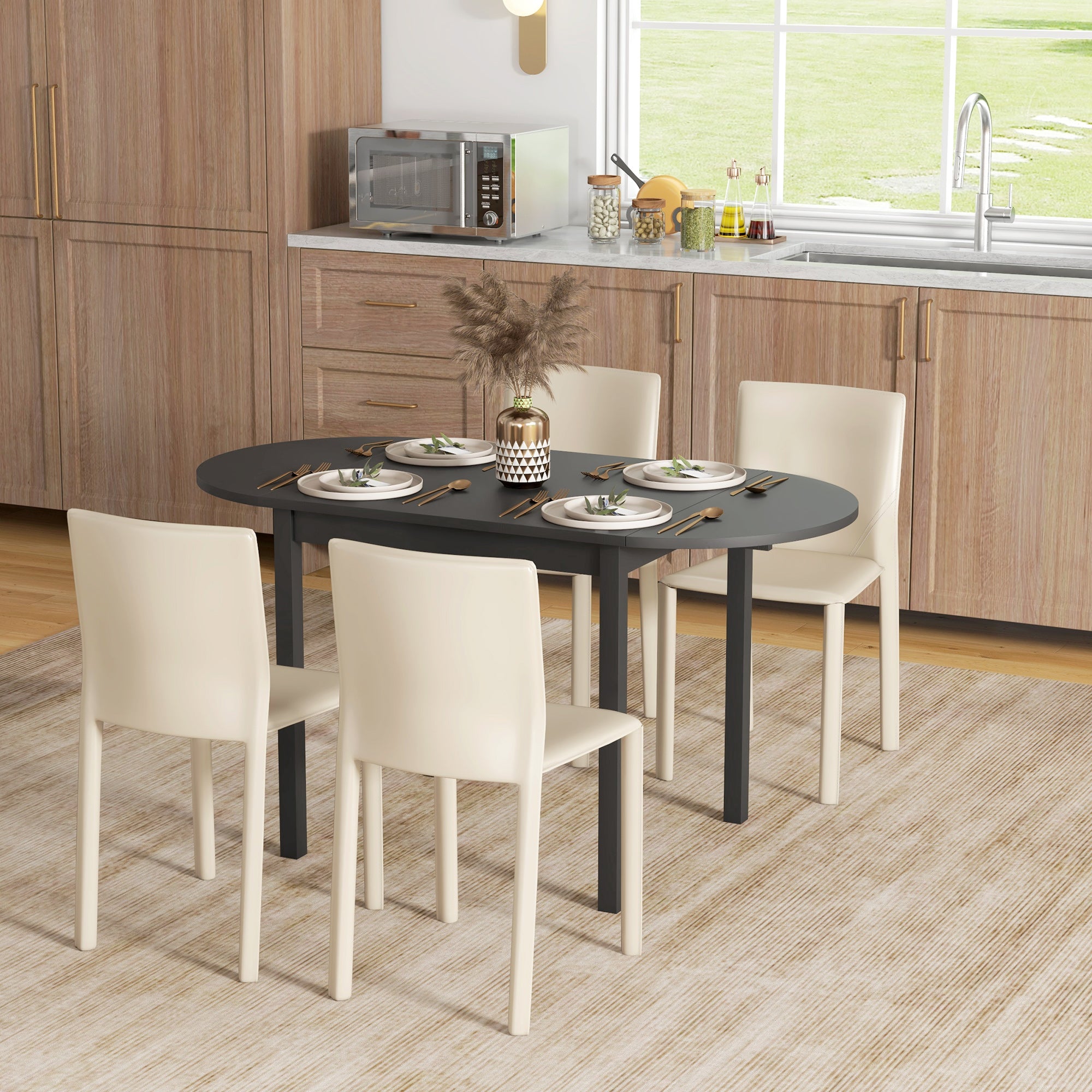 HOMCOM Solid Wood Kitchen Table, Drop Leaf Tables for Small Spaces, Folding Dining Table, Black