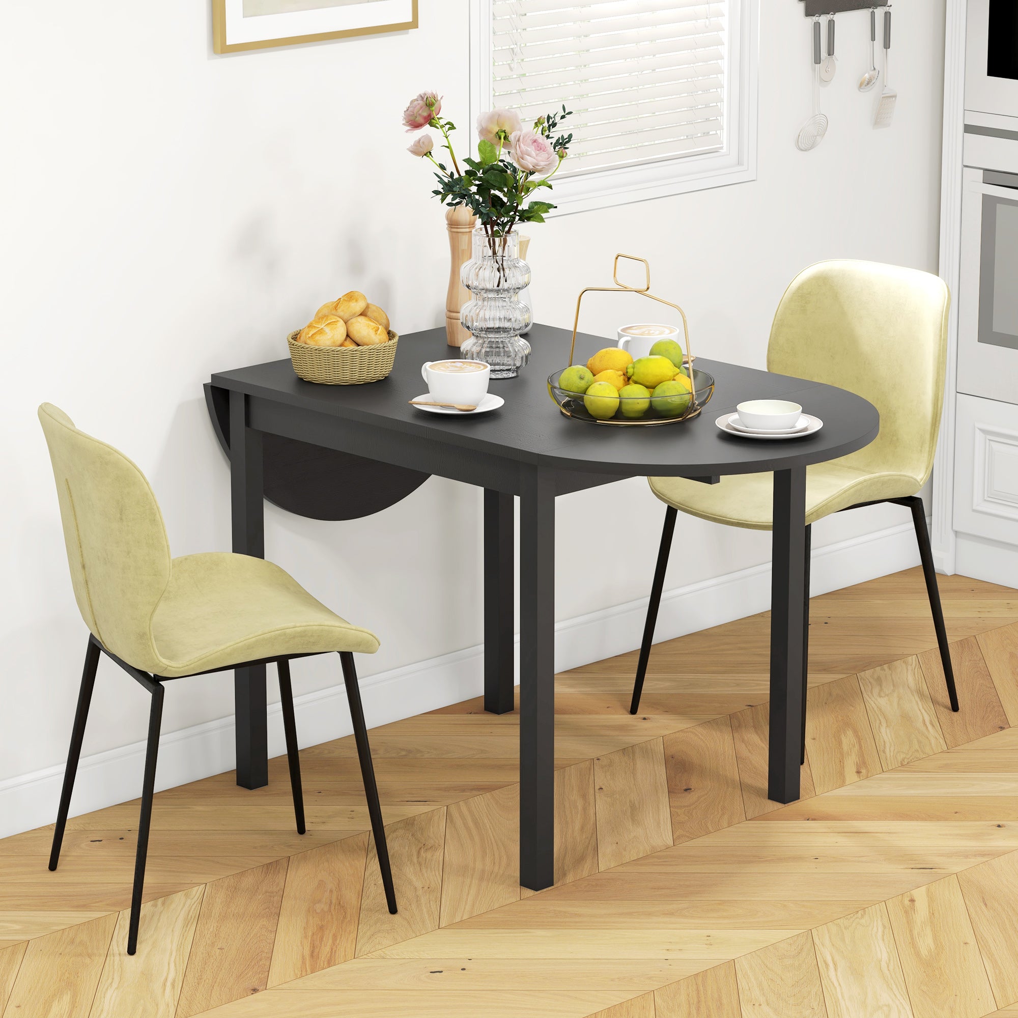 HOMCOM Solid Wood Kitchen Table, Drop Leaf Tables for Small Spaces, Folding Dining Table, Black