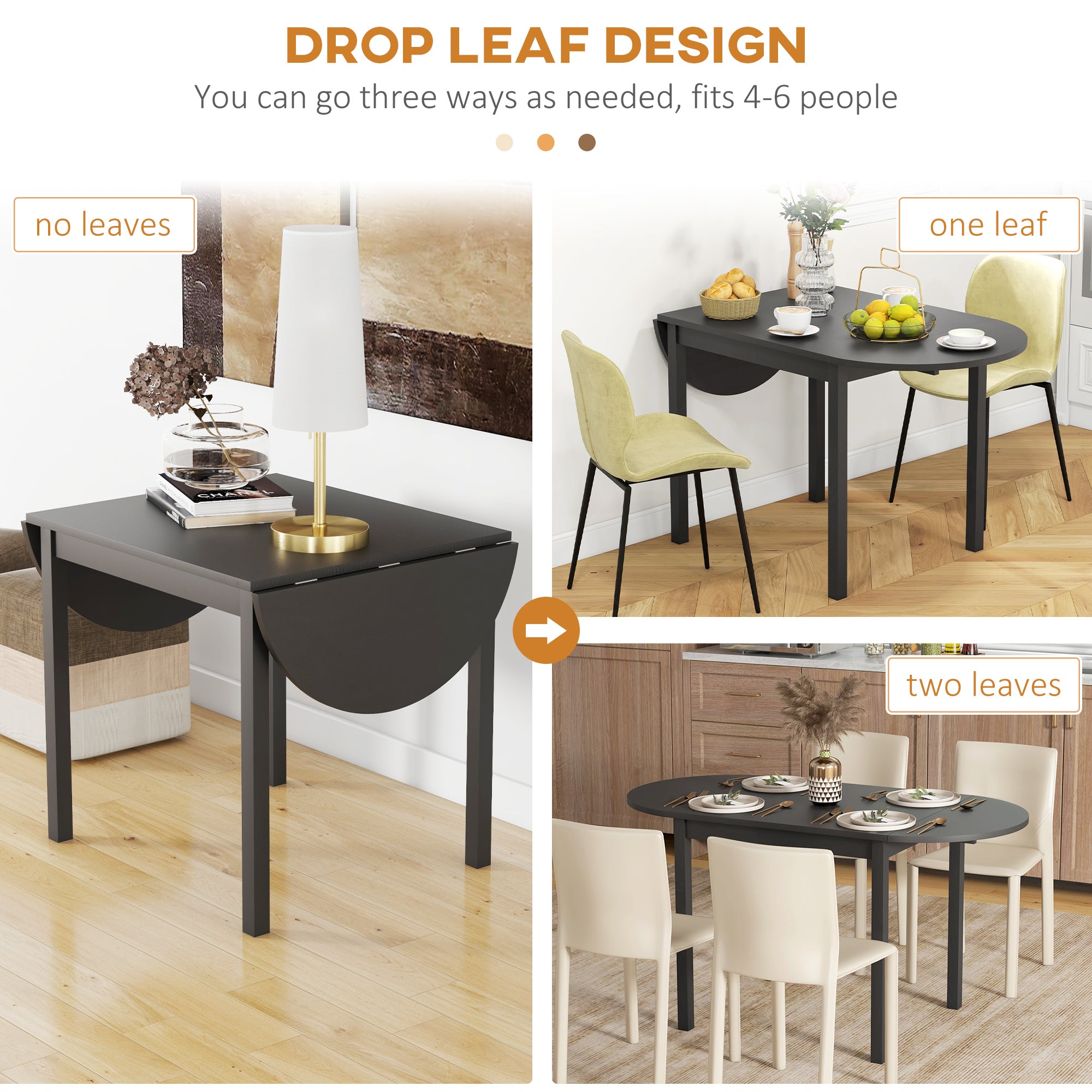 HOMCOM Solid Wood Kitchen Table, Drop Leaf Tables for Small Spaces, Folding Dining Table, Black