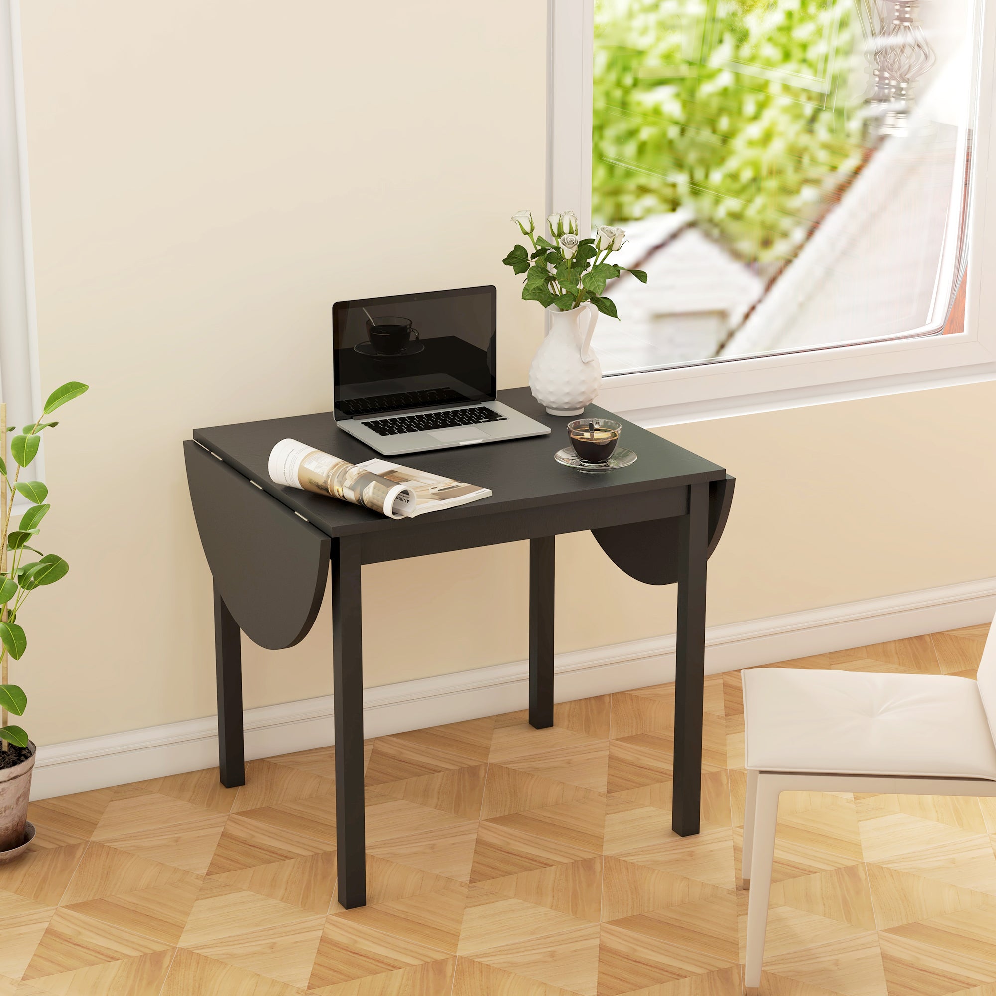 HOMCOM Solid Wood Kitchen Table, Drop Leaf Tables for Small Spaces, Folding Dining Table, Black