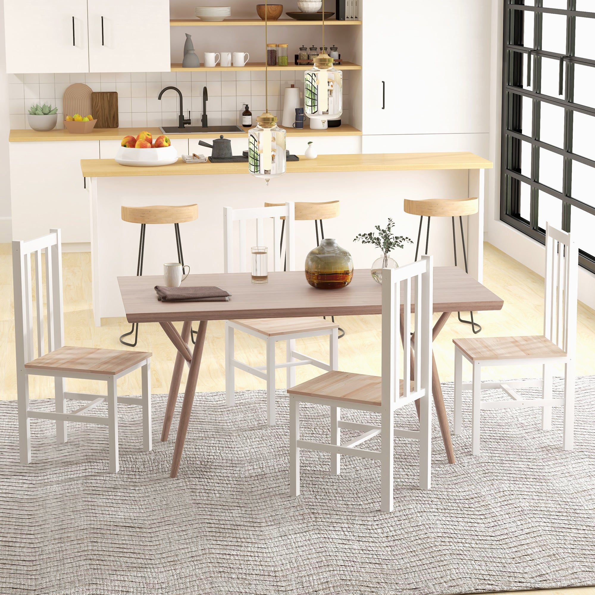 Farmhouse Dining Table Chairs, Set of 4 Pine Wood Kitchen Chairs w/ Slat Back, White