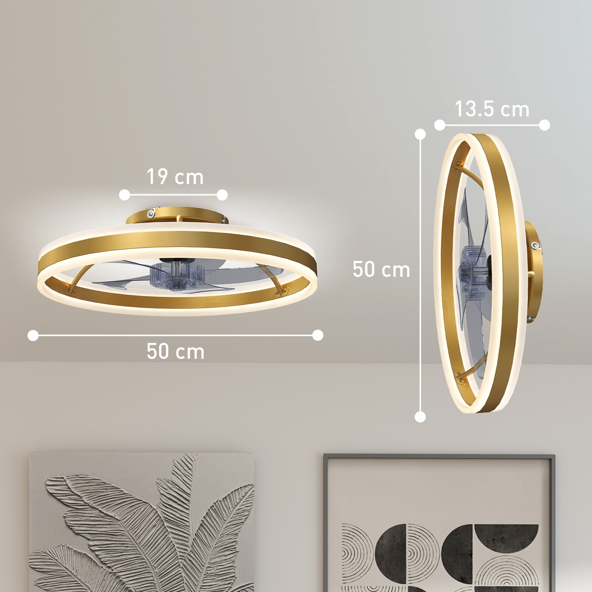 Ceiling Fans with Lights and Remote & App Control, 50 cm Modern LED Ceiling Fan Light with 3 Colour Temperatures, 6 Speed, Dimmable, Timer Quiet Reversible DC Motor, for Bedroom, Gold Tone