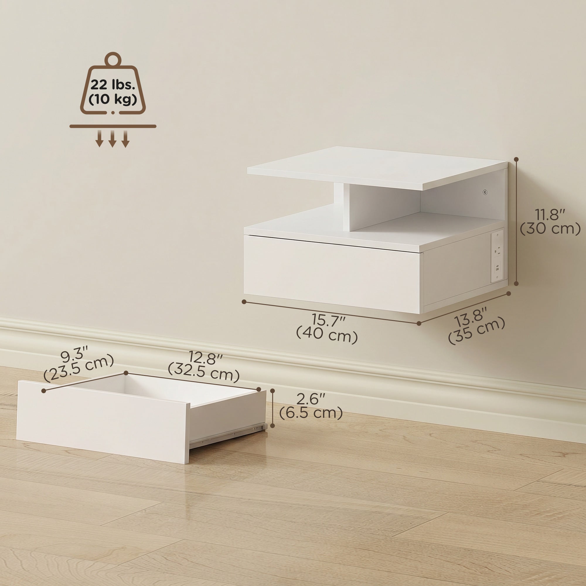 Floating Nightstand Set of 2, Wall Mounted Bedside Table with Power Outlets, Drawer and Open Shelf, Small Night Stand for Bedroom, White
