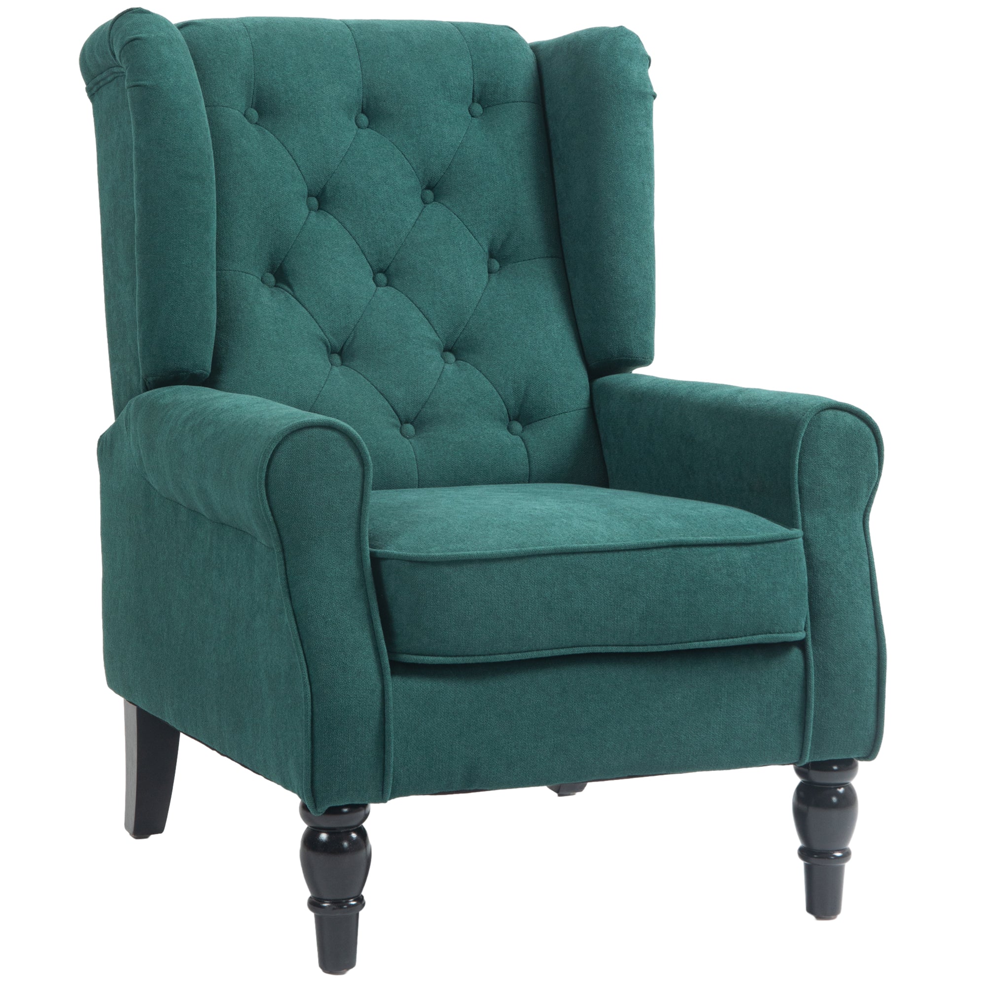 Mid-Century Accent Chair w/ High Wingback, Button-Tufted Fabric & Retro Wood Legs, Dark Green