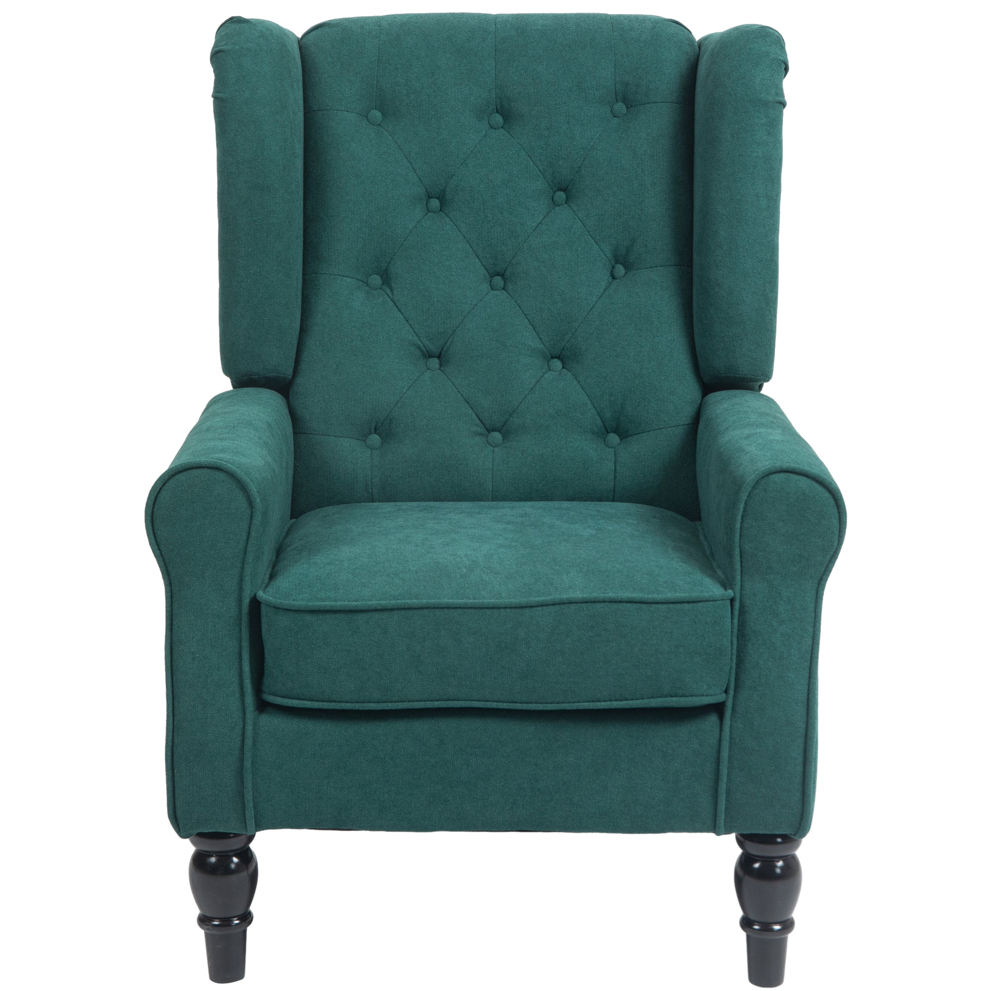 Mid-Century Accent Chair w/ High Wingback, Button-Tufted Fabric & Retro Wood Legs, Dark Green