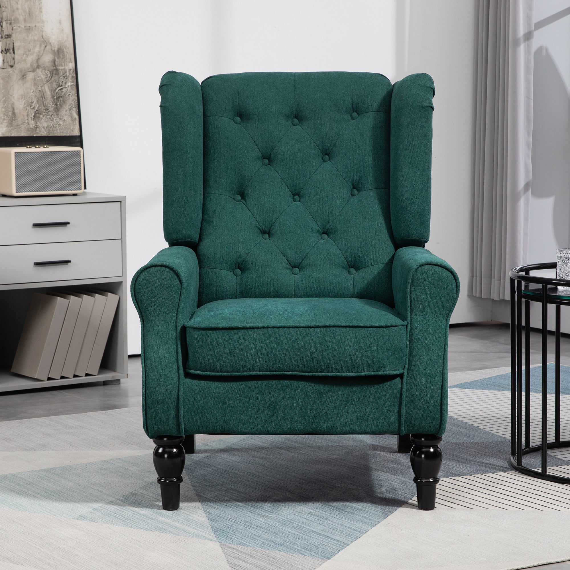 Mid-Century Accent Chair w/ High Wingback, Button-Tufted Fabric & Retro Wood Legs, Dark Green