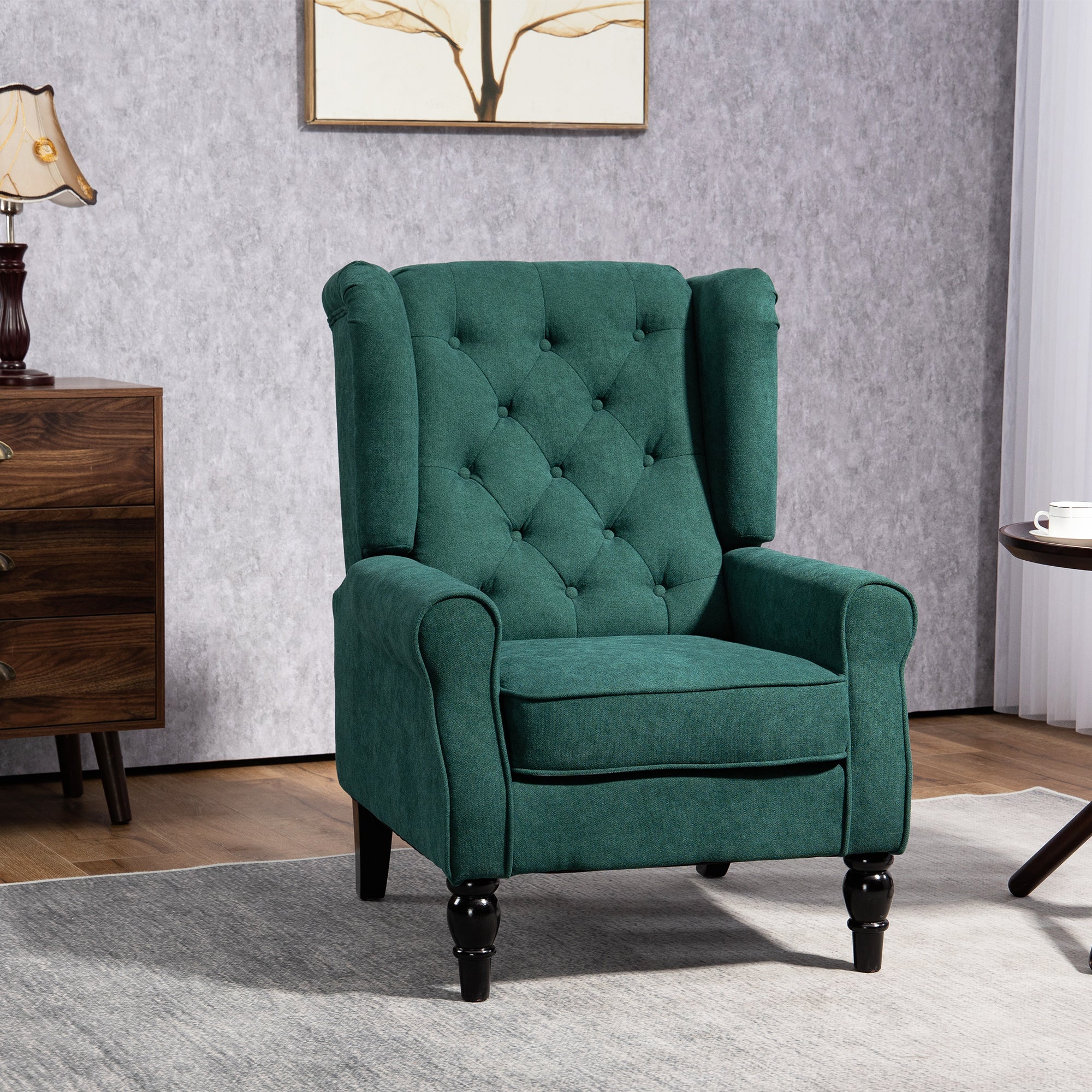 Mid-Century Accent Chair w/ High Wingback, Button-Tufted Fabric & Retro Wood Legs, Dark Green