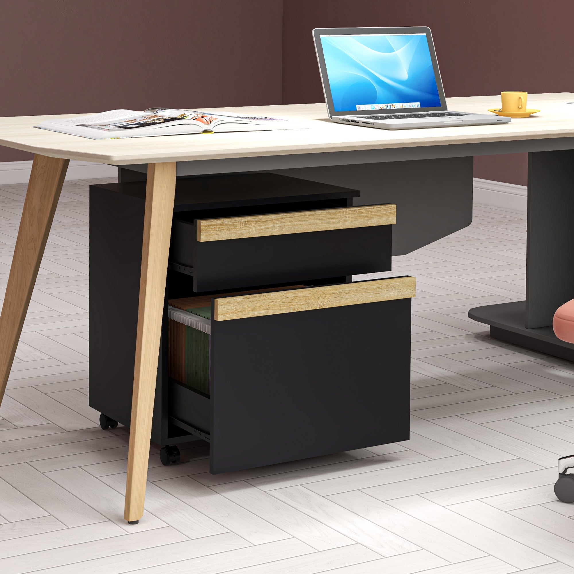 Vinsetto Vertical Filing Cabinet for Home Office, File Cabinet with 5 Wheels, Printer Stand with 2 Drawers for Letter, A4 and Legal Sized Files, Black