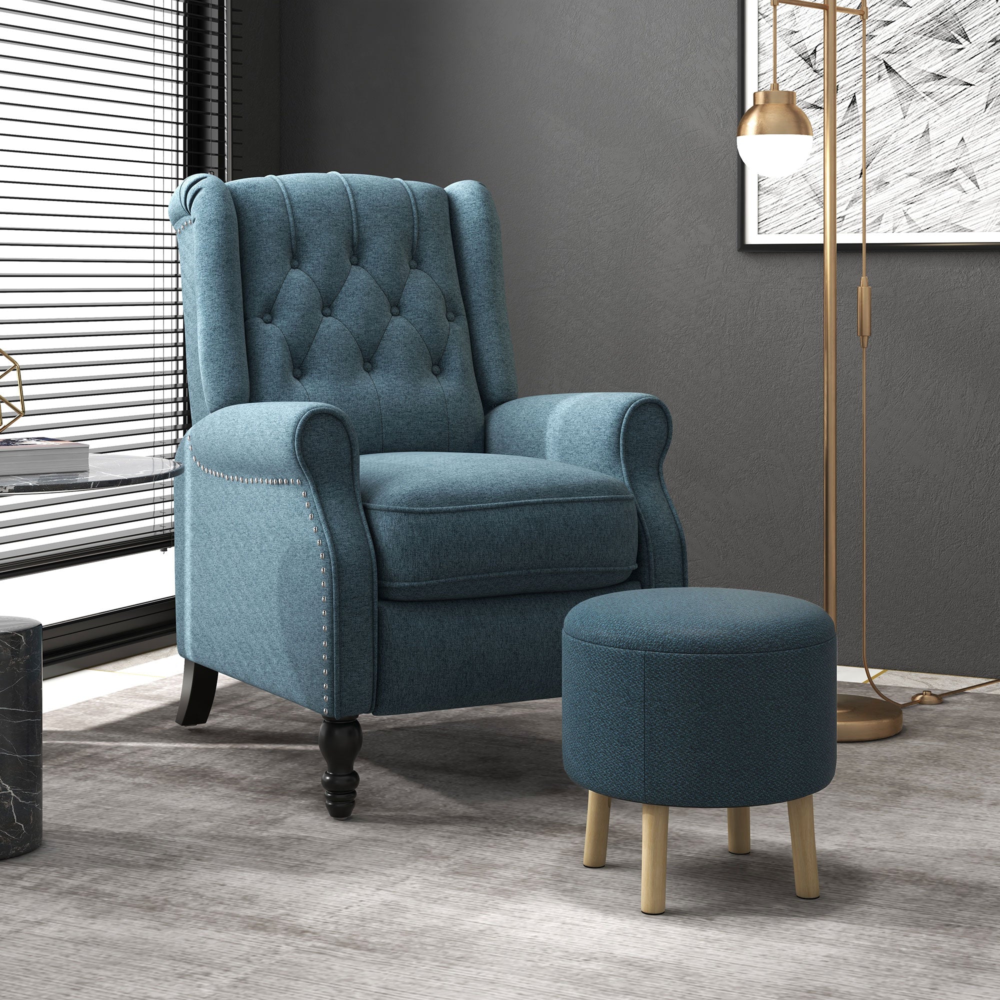 HOMCOM Round Storage Stool, Linen Fabric Upholstered Foot Stool with Removable Top, Padded Seat, Hidden Space and Wooden Legs for Living Room, Blue