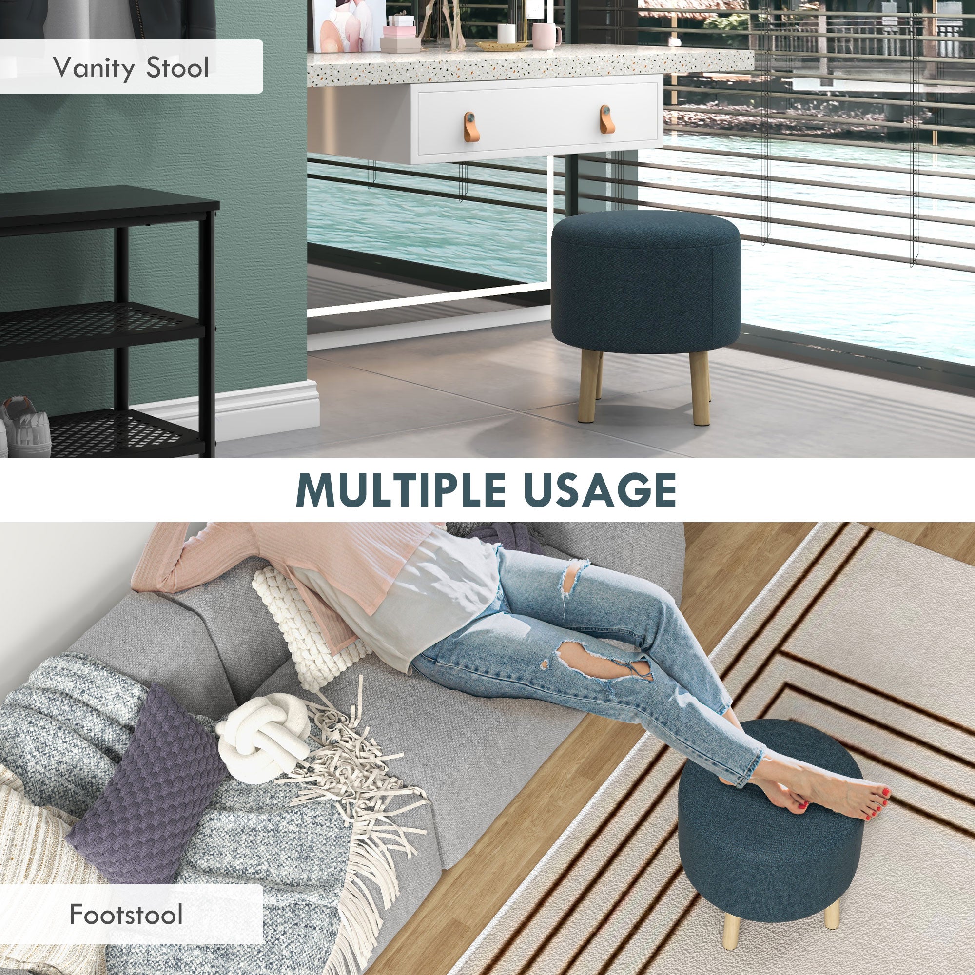 HOMCOM Round Storage Stool, Linen Fabric Upholstered Foot Stool with Removable Top, Padded Seat, Hidden Space and Wooden Legs for Living Room, Blue