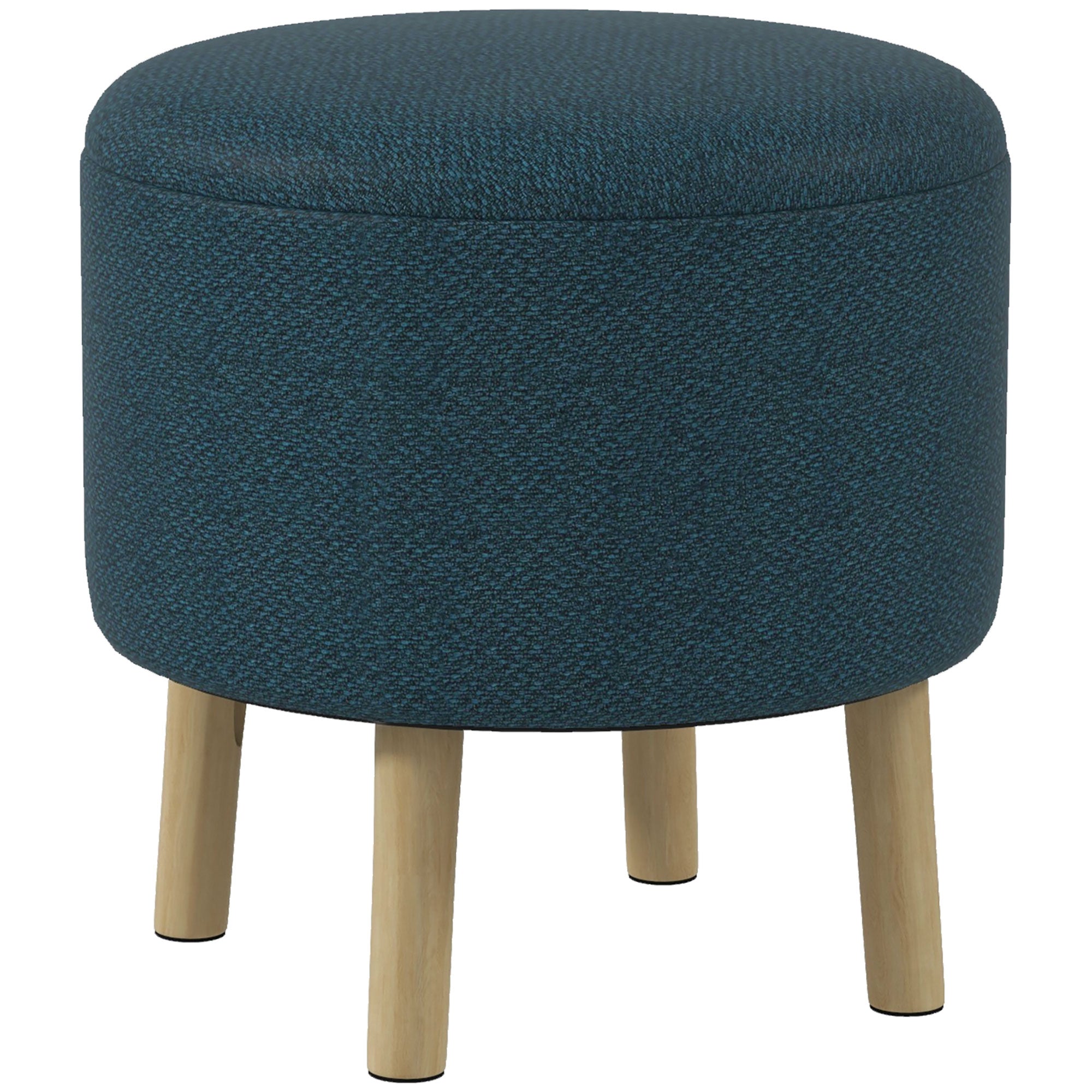 HOMCOM Round Storage Stool, Linen Fabric Upholstered Foot Stool with Removable Top, Padded Seat, Hidden Space and Wooden Legs for Living Room, Blue