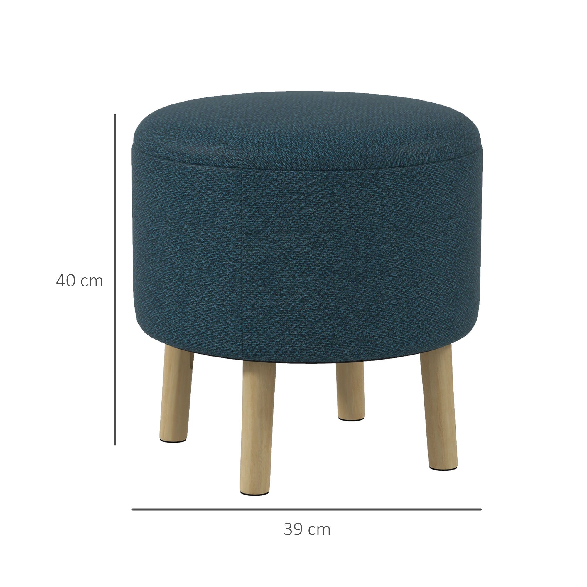 HOMCOM Round Storage Stool, Linen Fabric Upholstered Foot Stool with Removable Top, Padded Seat, Hidden Space and Wooden Legs for Living Room, Blue
