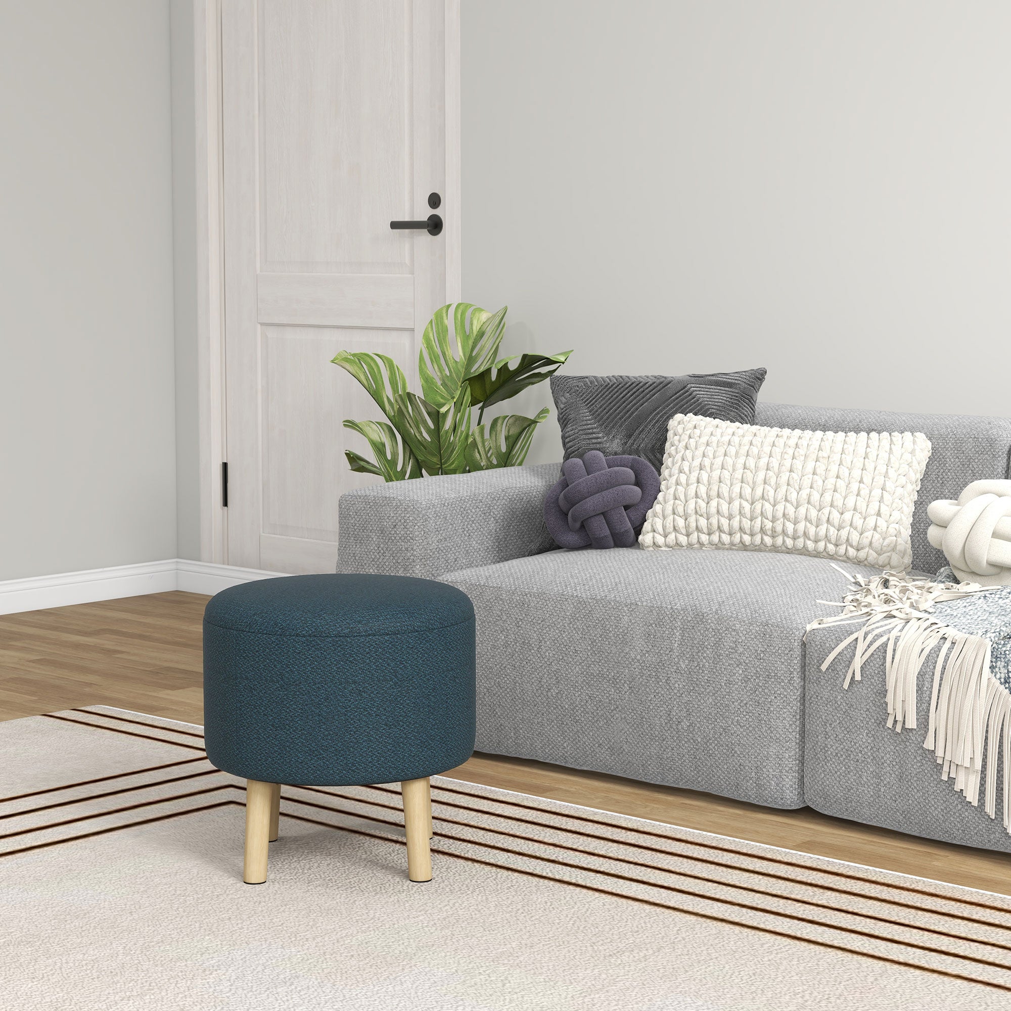 HOMCOM Round Storage Stool, Linen Fabric Upholstered Foot Stool with Removable Top, Padded Seat, Hidden Space and Wooden Legs for Living Room, Blue