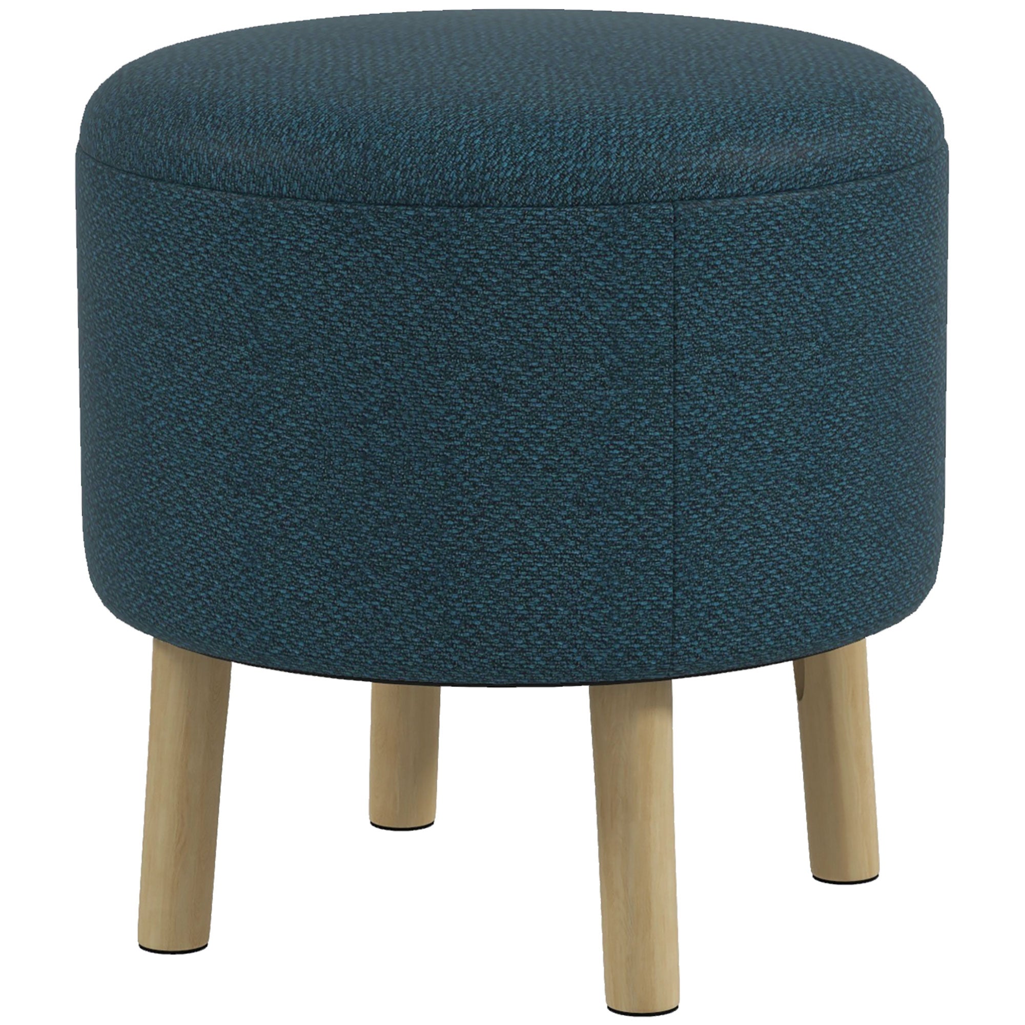 HOMCOM Round Storage Stool, Linen Fabric Upholstered Foot Stool with Removable Top, Padded Seat, Hidden Space and Wooden Legs for Living Room, Blue
